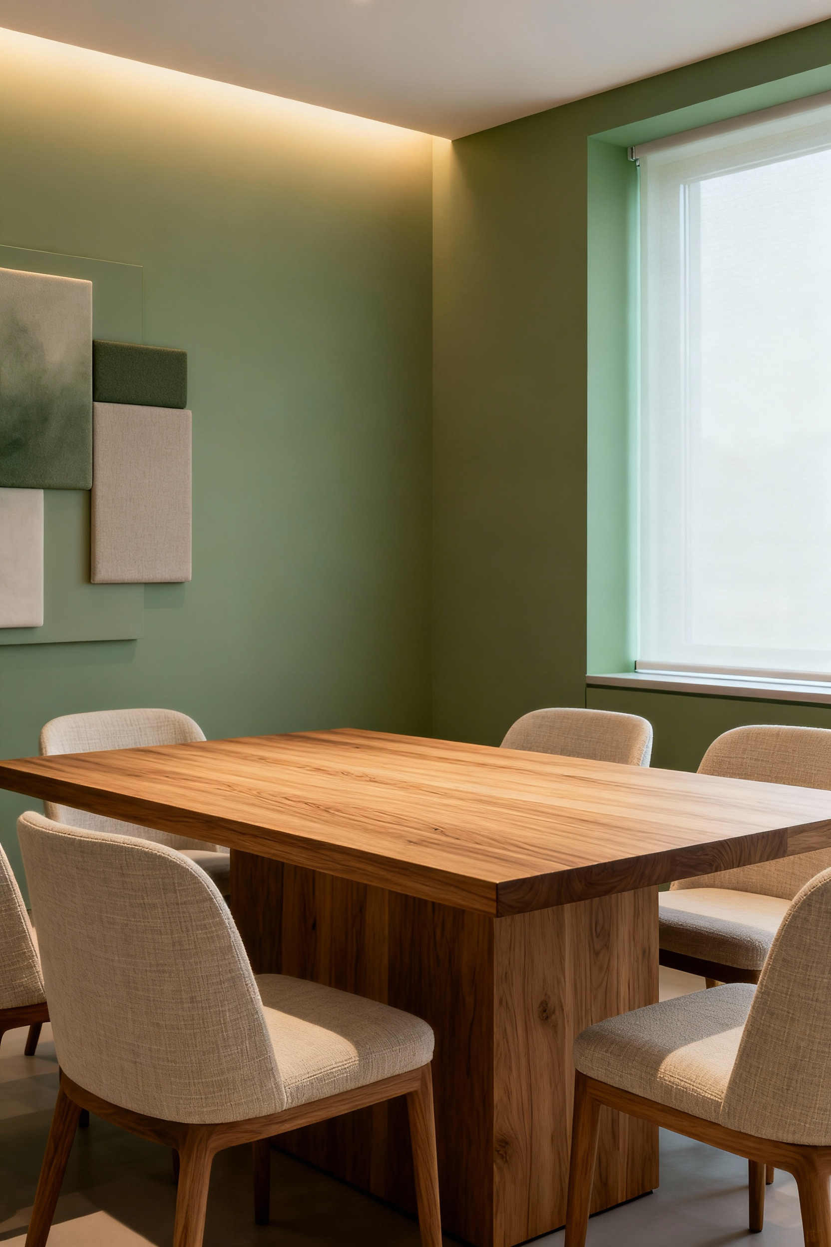 A serene modern dining room showcasing sensory congruence with warm oak table, linen chairs, layered lighting, and subtle sound-absorbing wall art, creating a harmonious and comfortable ambiance.