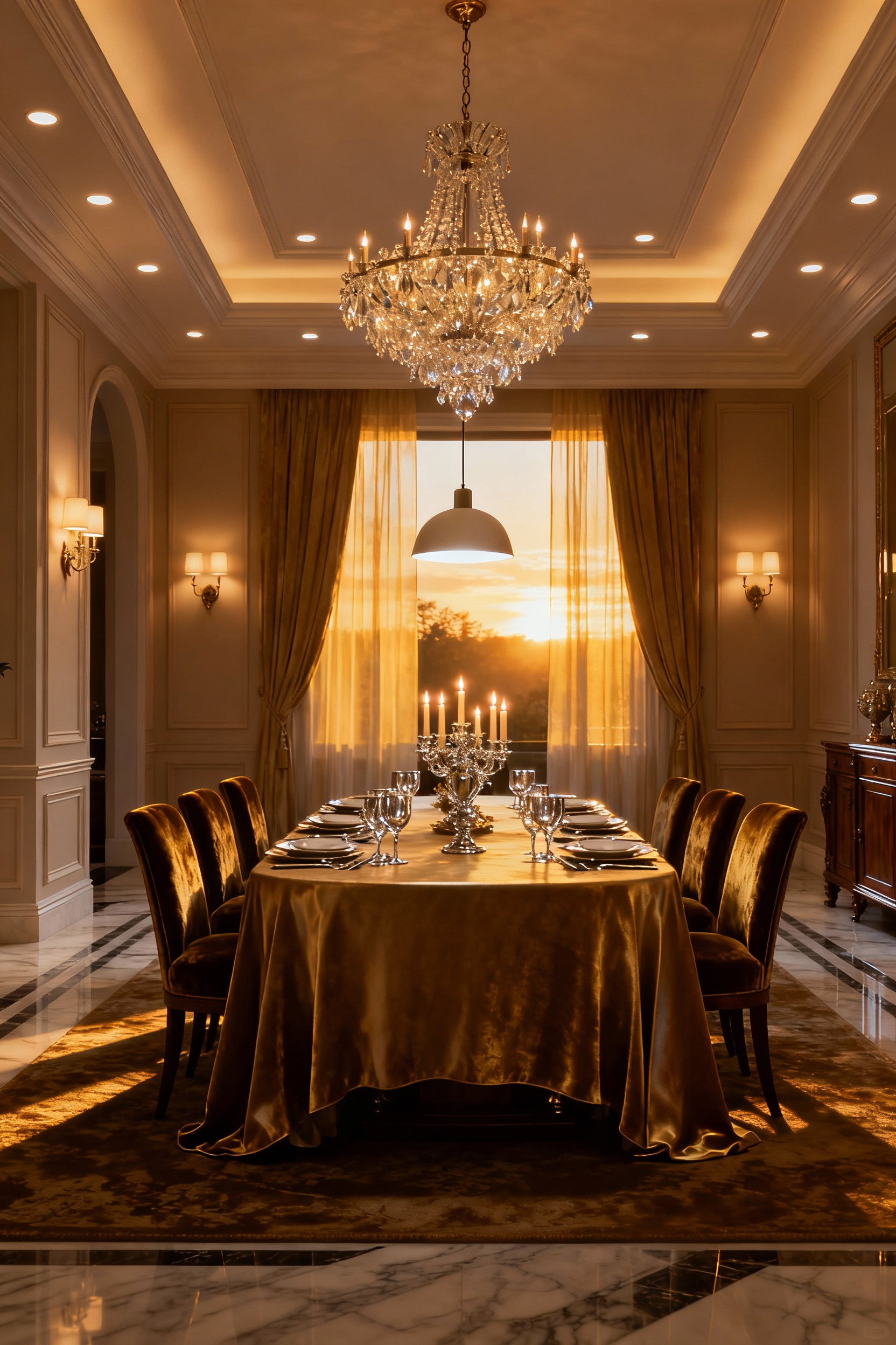 Dining room with various layered lighting elements including a chandelier, recessed lights, and wall sconces, creating a warm, multi-dimensional ambiance and depth.