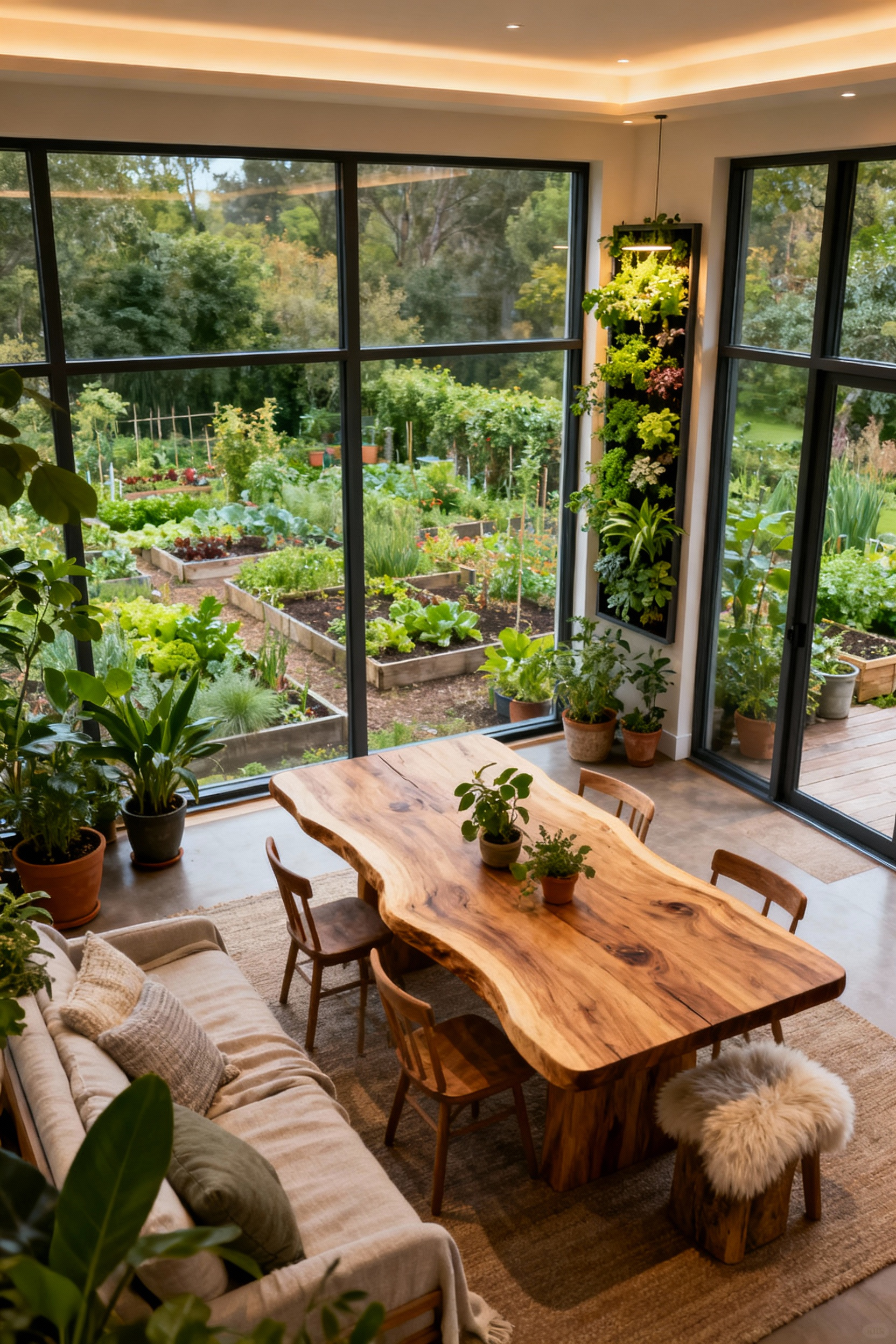A modern dining room designed with biophilic integration, featuring a large window with a clear view of a lush garden, a natural wood dining table, and strategically placed indoor plants, showcasing abundant natural light and organic materials.