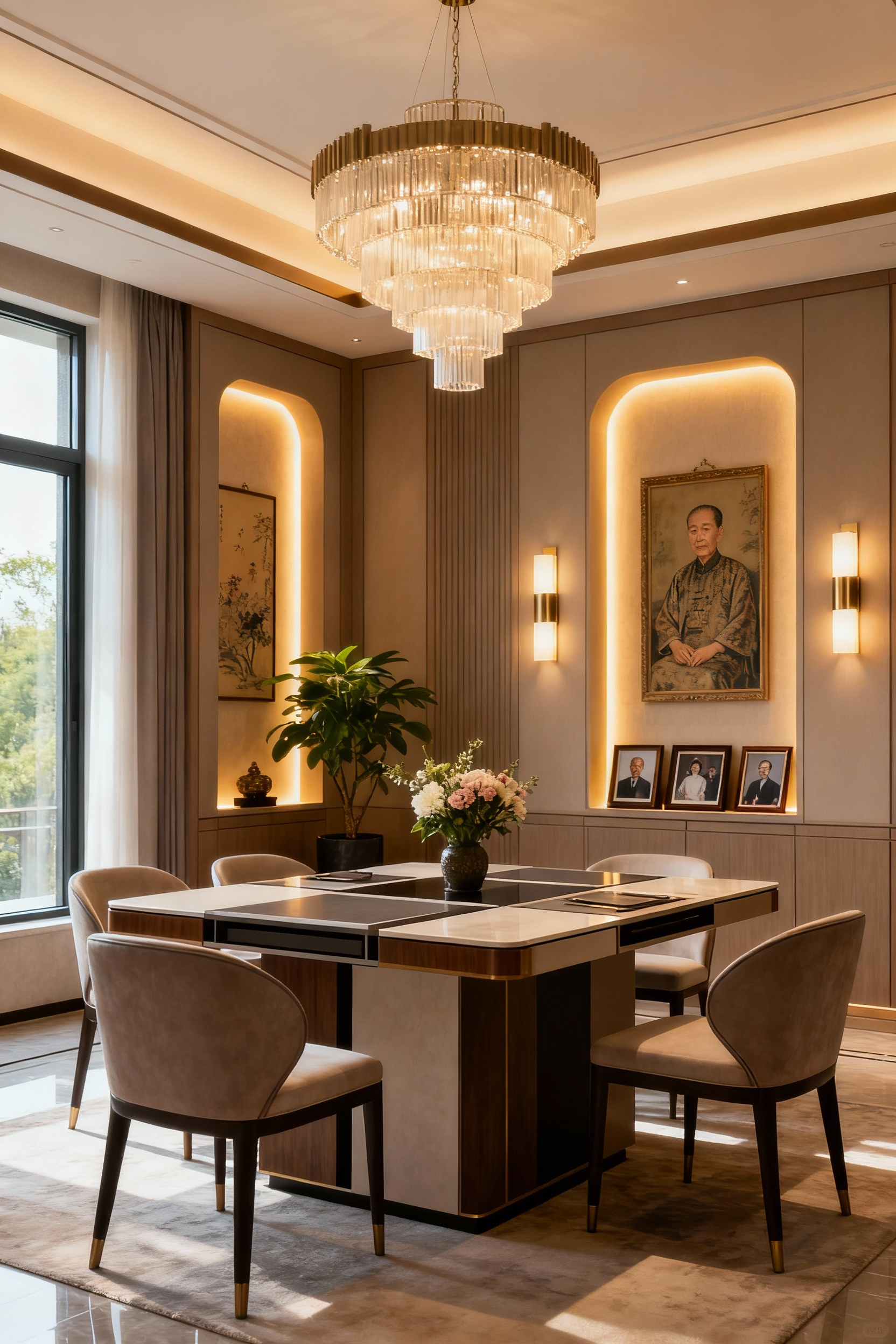 Elegant personalized dining room layout featuring a custom modular table, ancestral art in illuminated niches, and biophilic elements, designed to tell a personal story.