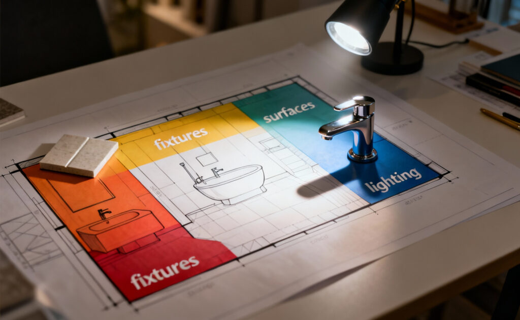 Overhead view of a modern bathroom design blueprint with color-coded sections representing budget allocation for various renovation elements like fixtures and surfaces, accompanied by elegant material samples, conveying thoughtful financial planning for a home remodel.