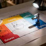 Overhead view of a modern bathroom design blueprint with color-coded sections representing budget allocation for various renovation elements like fixtures and surfaces, accompanied by elegant material samples, conveying thoughtful financial planning for a home remodel.