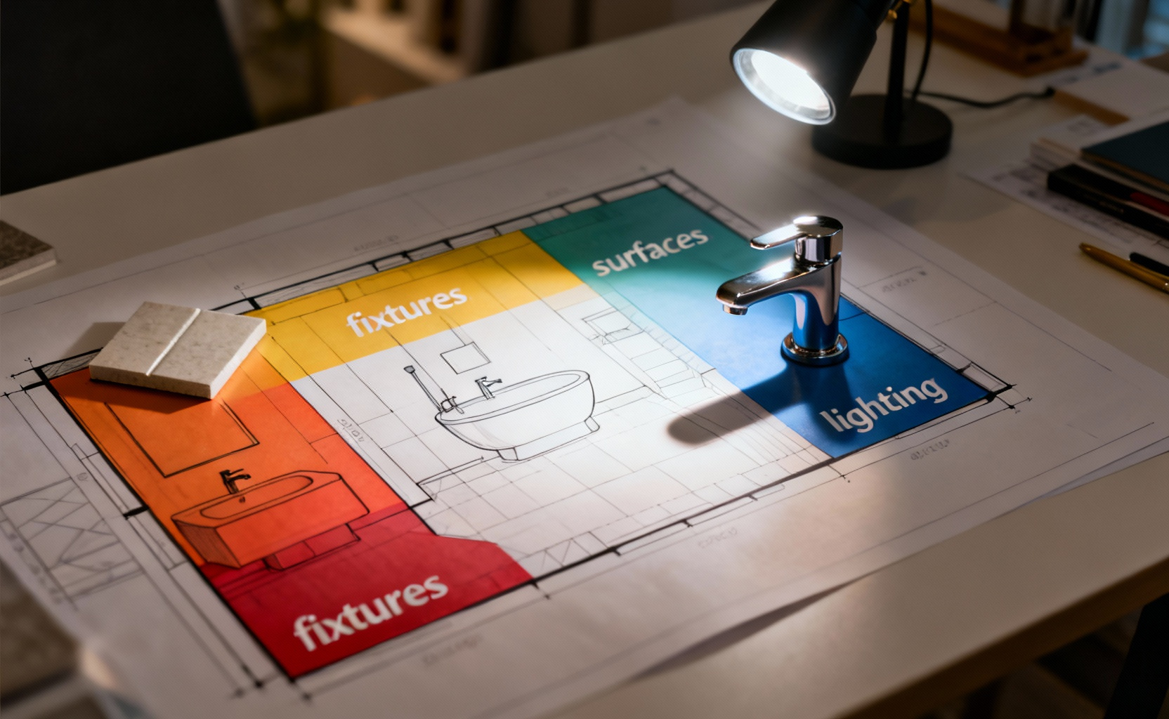 Overhead view of a modern bathroom design blueprint with color-coded sections representing budget allocation for various renovation elements like fixtures and surfaces, accompanied by elegant material samples, conveying thoughtful financial planning for a home remodel.