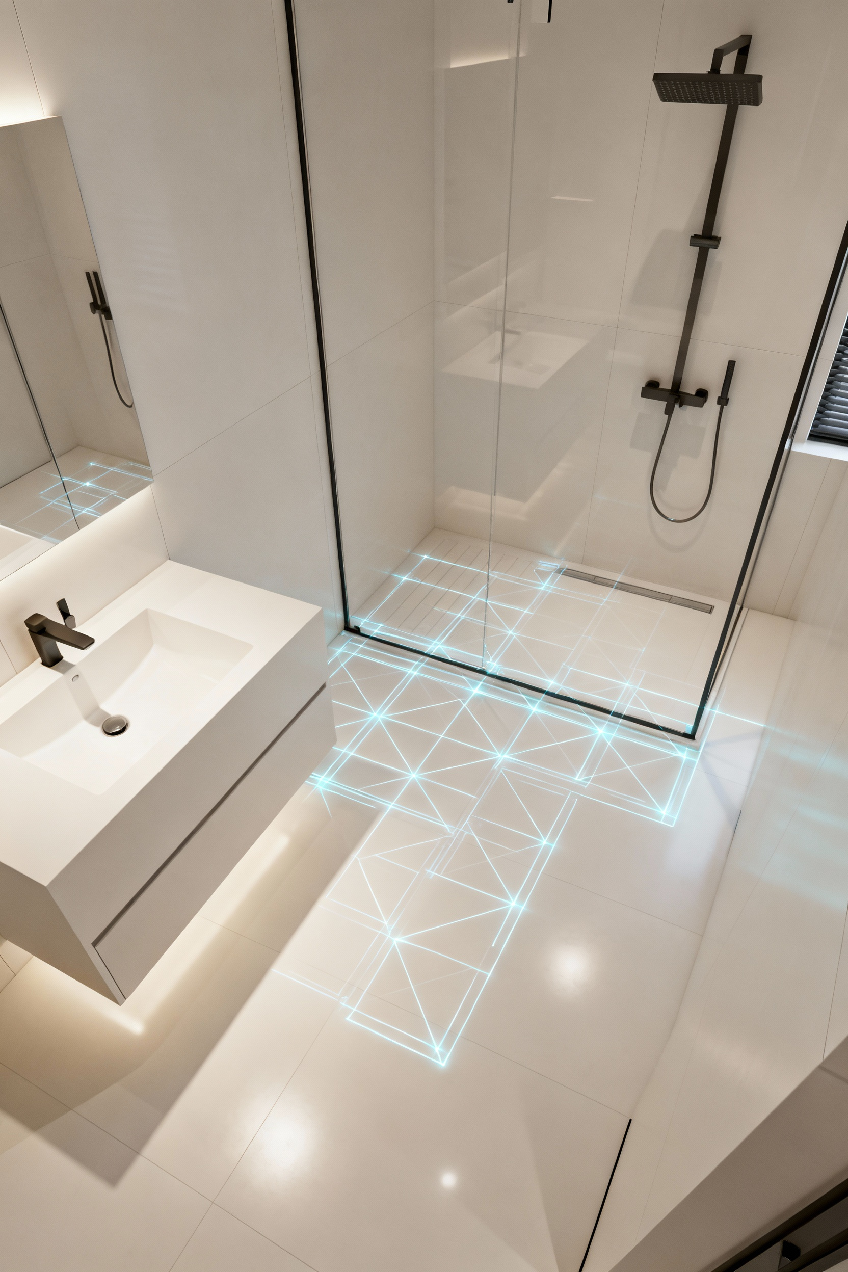 High-angle shot of a conceptual digital bathroom layout with minimalist lines, representing virtual pre-visualization and careful planning for a budget remodel. Clean and abstract design focused on spatial efficiency.