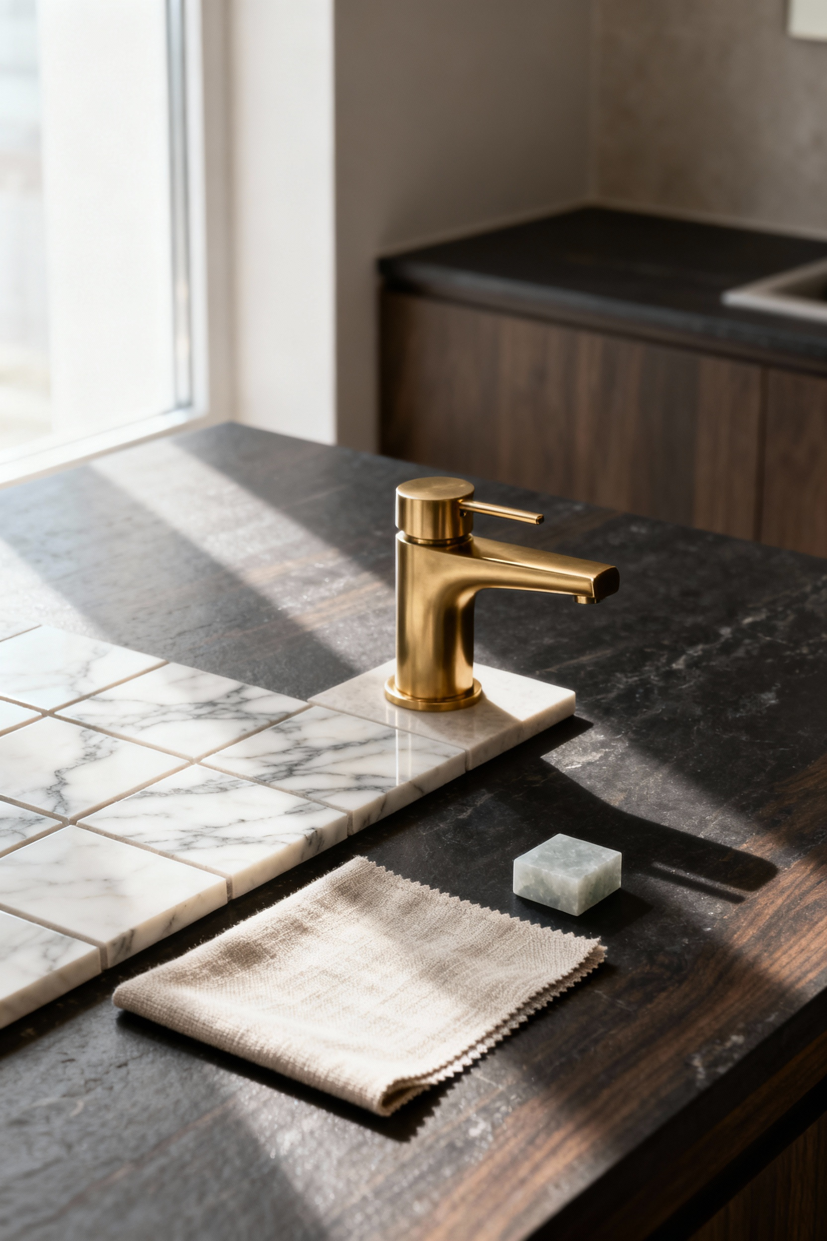 Close-up of premium bathroom materials, including marble tile, brushed gold faucet, and quartz sample, arranged elegantly on a dark surface under natural light.