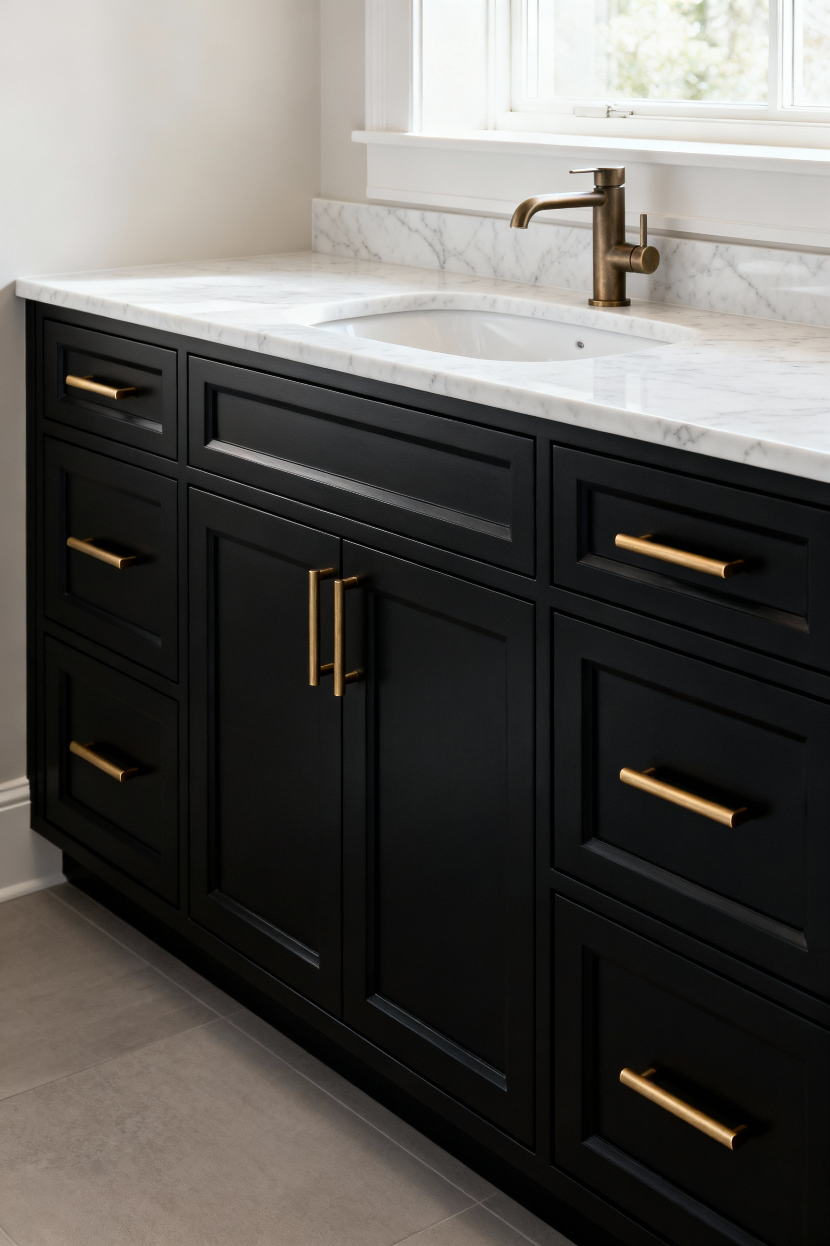 Refurbished bathroom vanity, matte black cabinets, brass pulls, marble countertop, custom high-end look