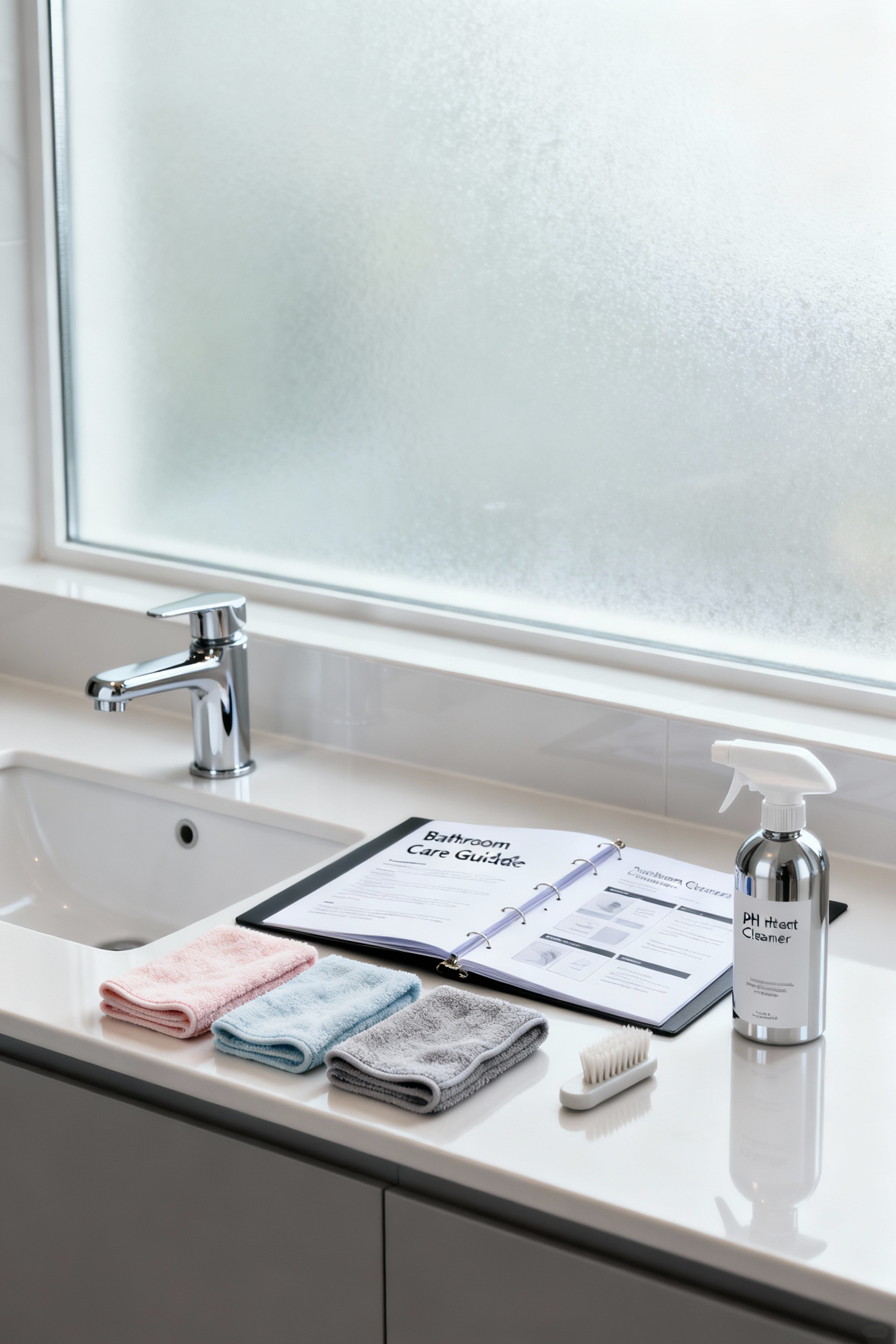 An organized binder and carefully arranged cleaning supplies on a spotless modern bathroom countertop, symbolizing a meticulous adaptive maintenance schedule.