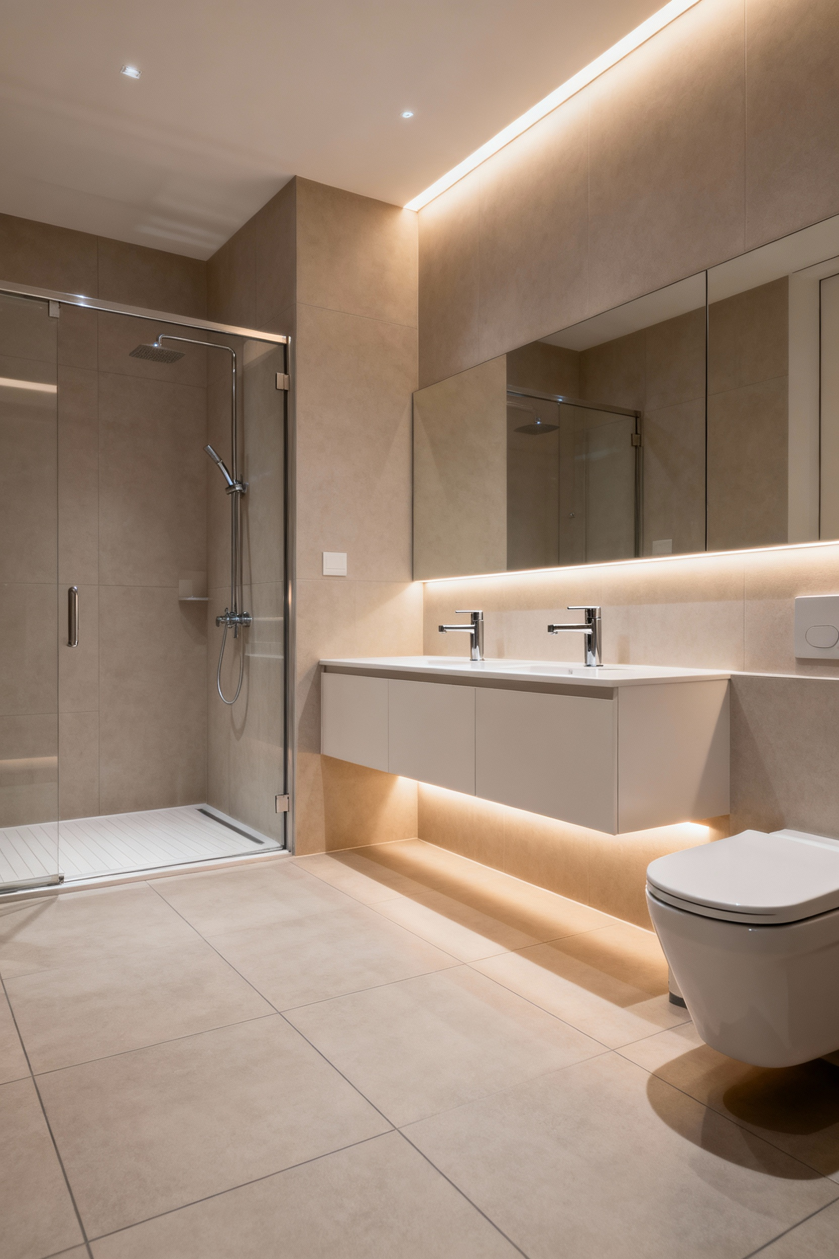 Modern bathroom with a curbless shower, lever-handle faucets, and a comfort-height toilet, demonstrating universal design for accessibility and value.