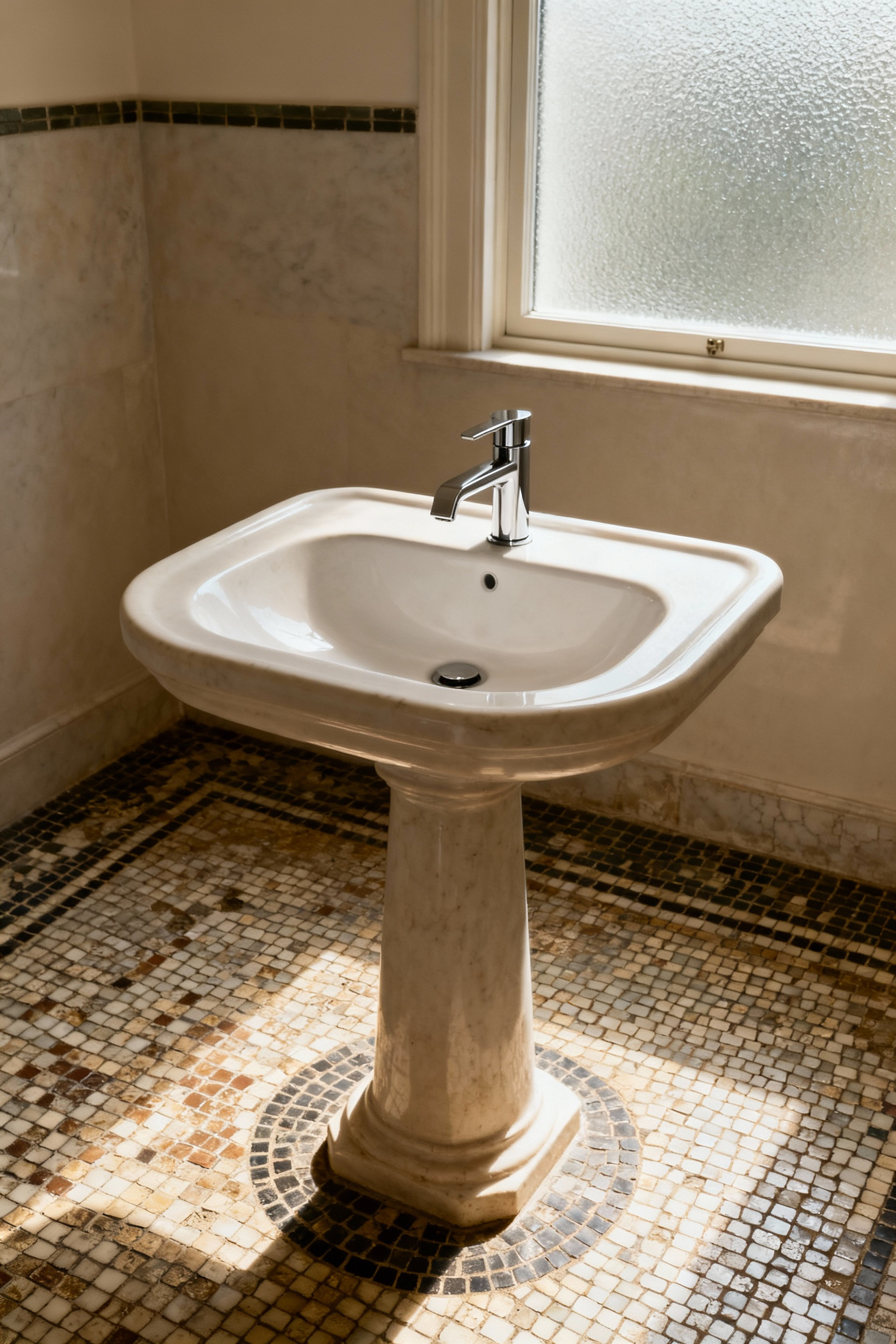 Elegant bathroom showcasing preserved vintage mosaic tiles and an updated modern sink, embodying a preserve and update architectural integrity design approach.