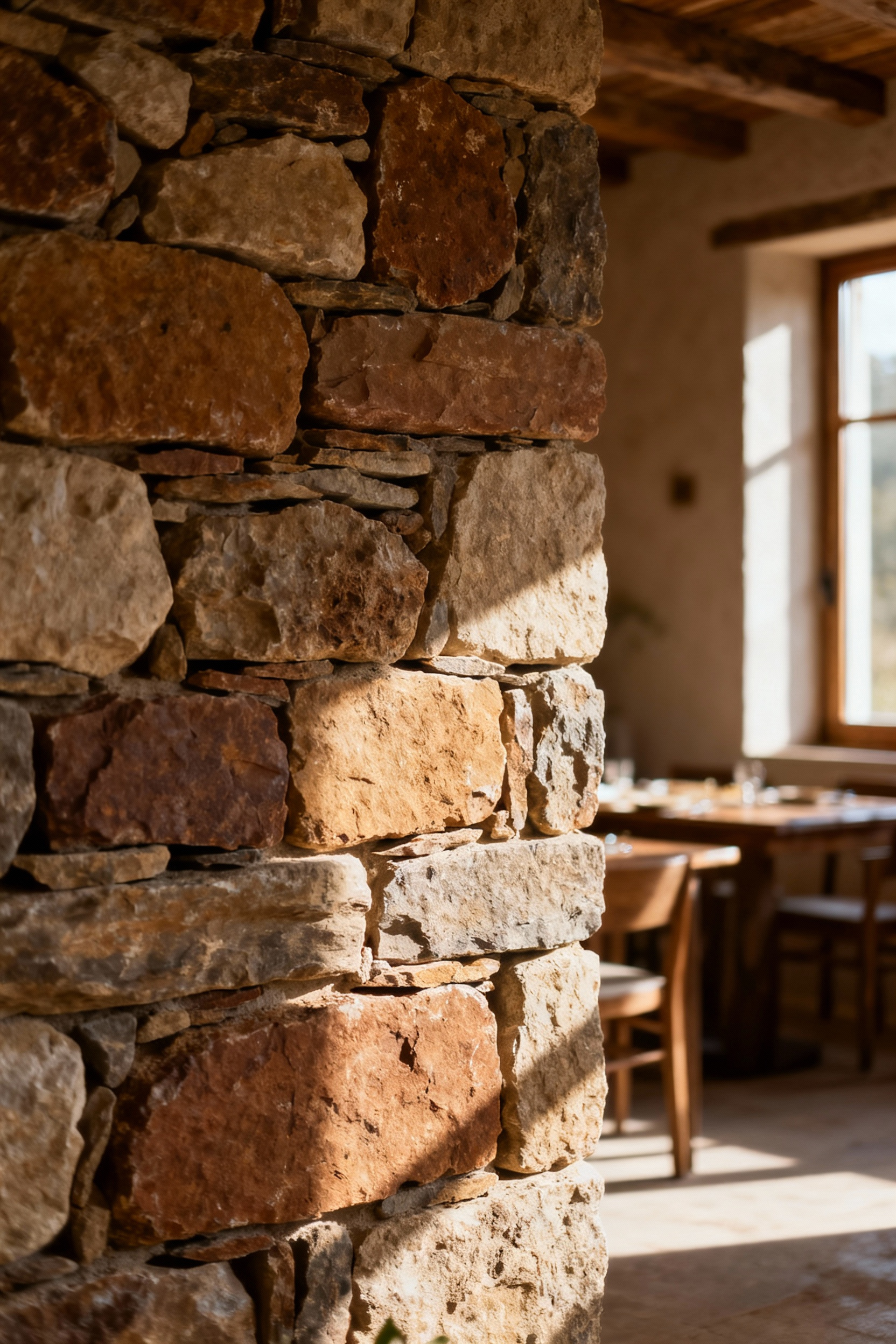 Close-up vertical shot of a dining room wall with unfinished fieldstone facings, showcasing natural textures and warm lighting.