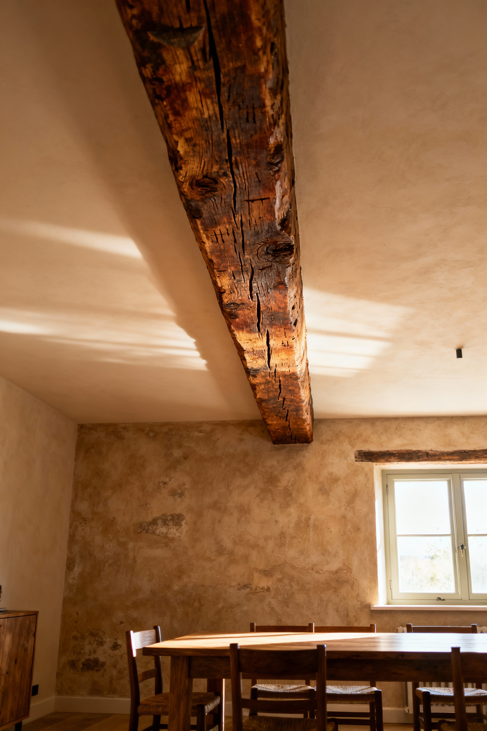 Close-up of a hand-hewn salvaged oak beam with original axe marks, integrated into a rustic dining room ceiling, emphasizing historical authenticity and rich texture.