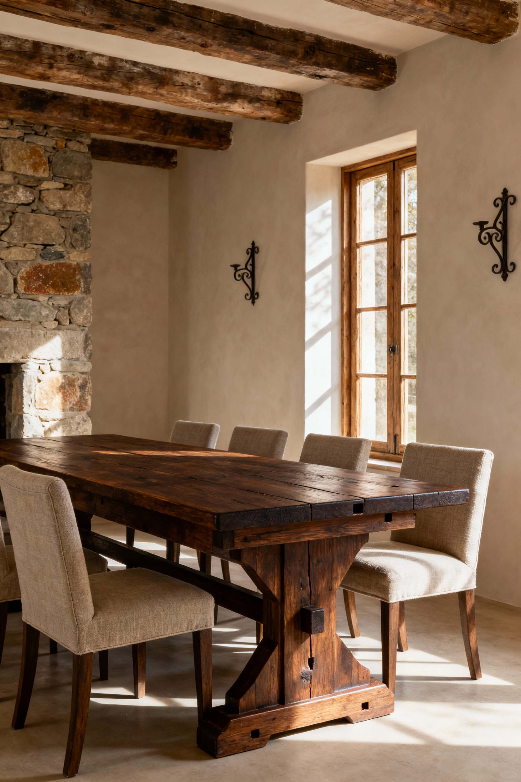 Rustic dining room interior showcasing durable and timeless design with a sturdy dark oak table, hand-hewn timber beams, and a fieldstone accent wall, bathed in natural light.