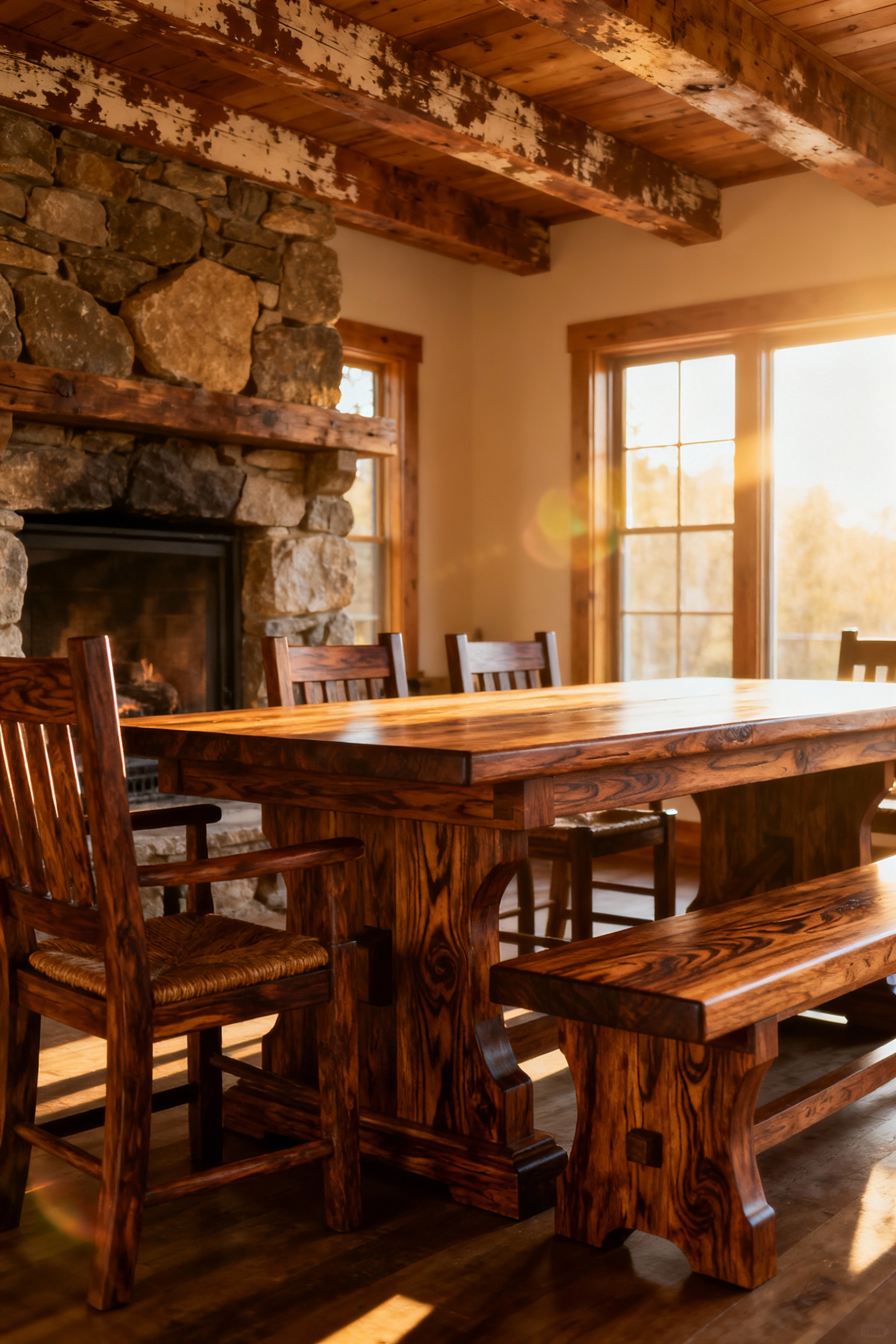 Rustic dining table and chairs made from solid, sustainably sourced oak, showcasing natural wood grain and robust craftsmanship in a sunlit dining room.