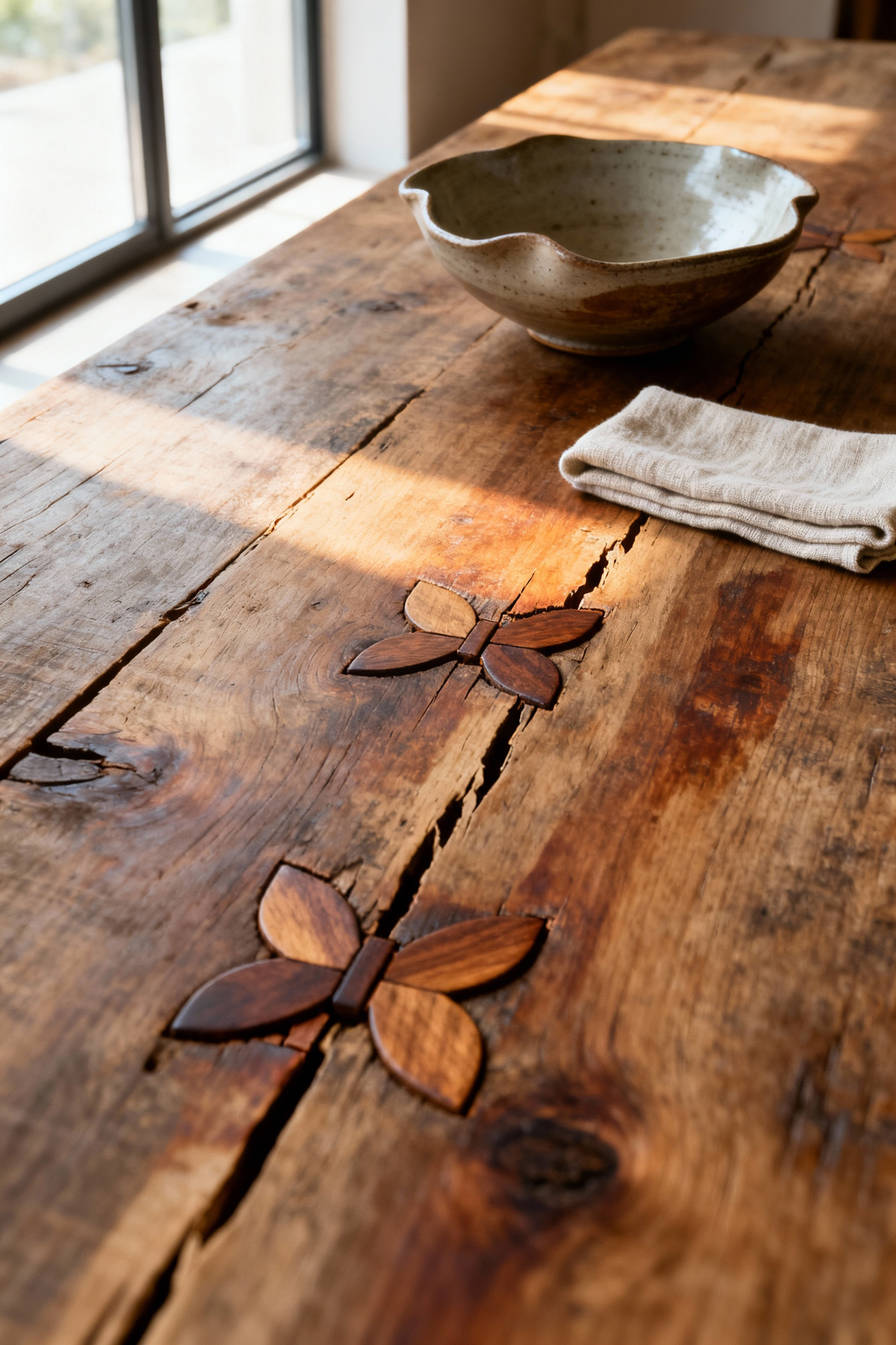 A rustic dining table featuring Wabi-Sabi design with aged, reclaimed wood, natural fissures, and butterfly joints. Handmade ceramics and linen add to the imperfect aesthetic.