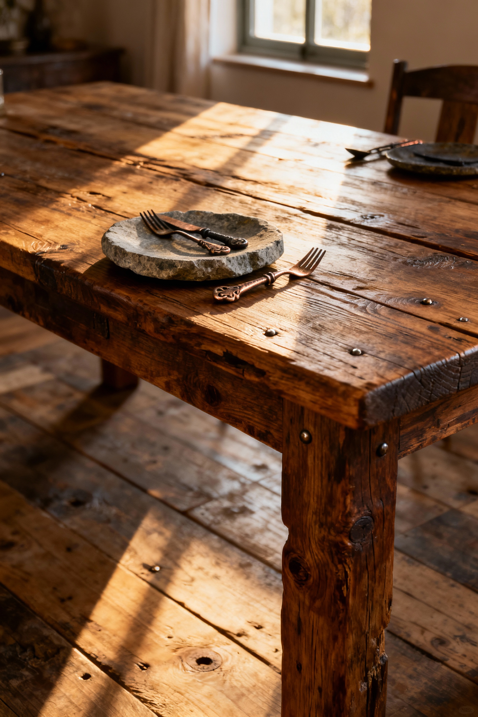 A rustic dining table made of reclaimed oak with a rich, historic patina, surrounded by other aged materials like oxidized metal and weathered stone, under soft natural light, conveying deep character.