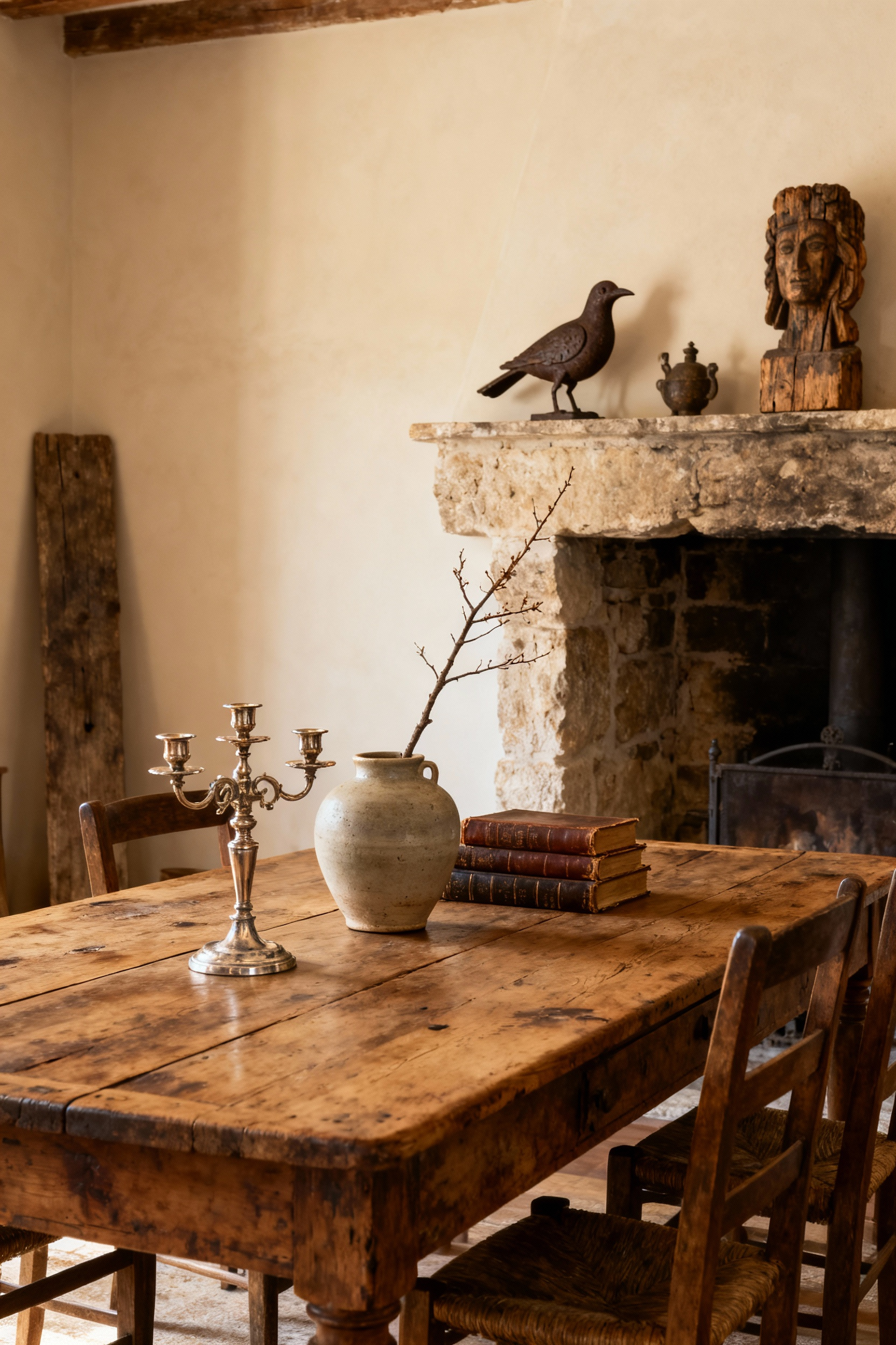 Rustic dining room featuring an antique wooden table, unique heirloom decorative objects, and found curios, exuding narrative richness and history.