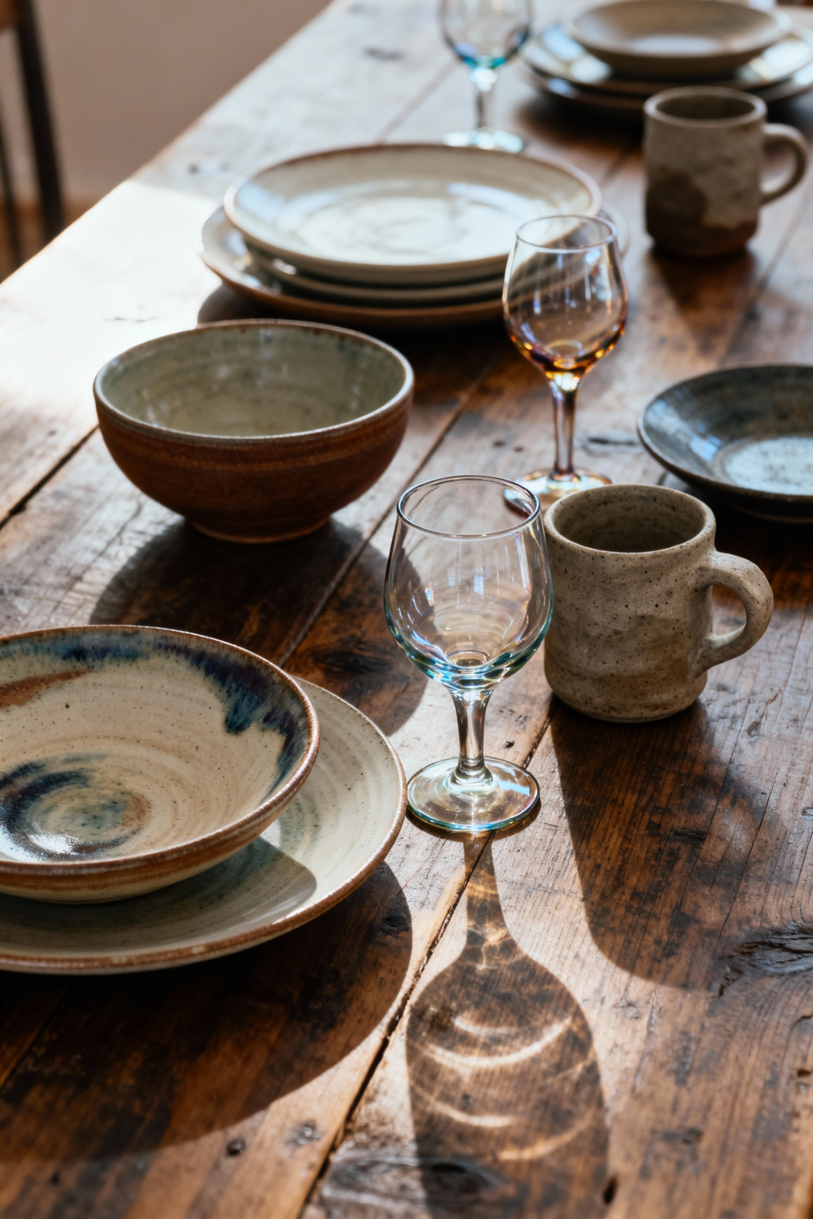 A close-up of a rustic dining table adorned with a curated collection of hand-thrown pottery dishes, stoneware mugs, and artisanal glass goblets, illuminated by soft natural light.