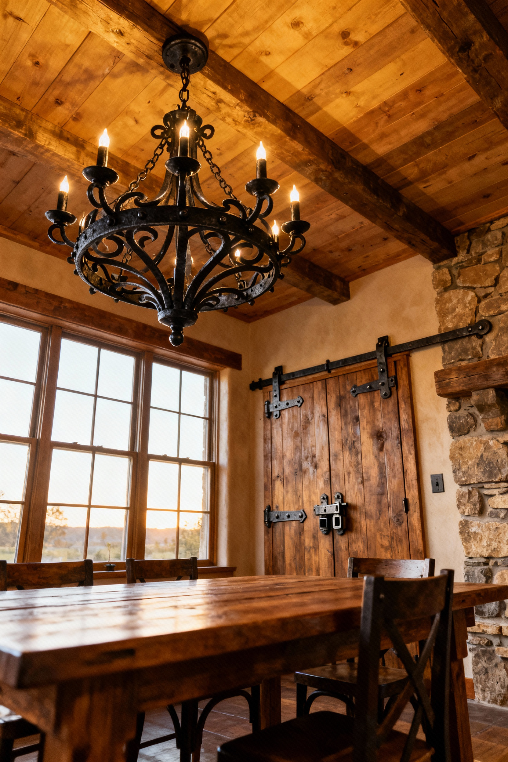 A stunning hand-forged iron chandelier in a rustic dining room, highlighting intricate metalwork details and an antique finish. Visible rustic iron door hinges and cabinet pulls seamlessly blend with dark wood elements.