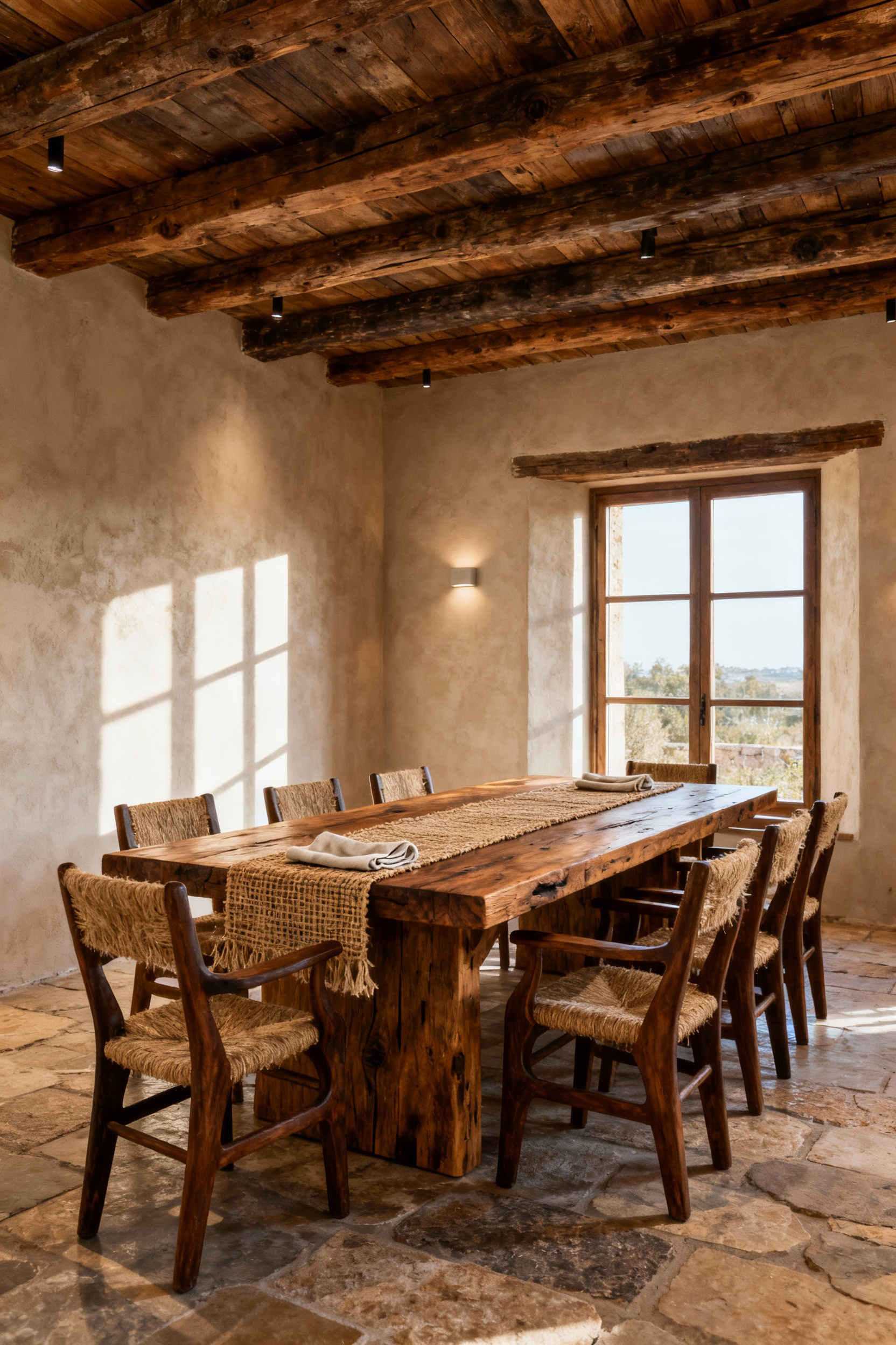 Rustic dining room interior with large communal reclaimed wood table, comfortable chairs with natural fiber upholstery, hand-troweled plaster walls, and timber beams, designed for unpretentious gatherings.