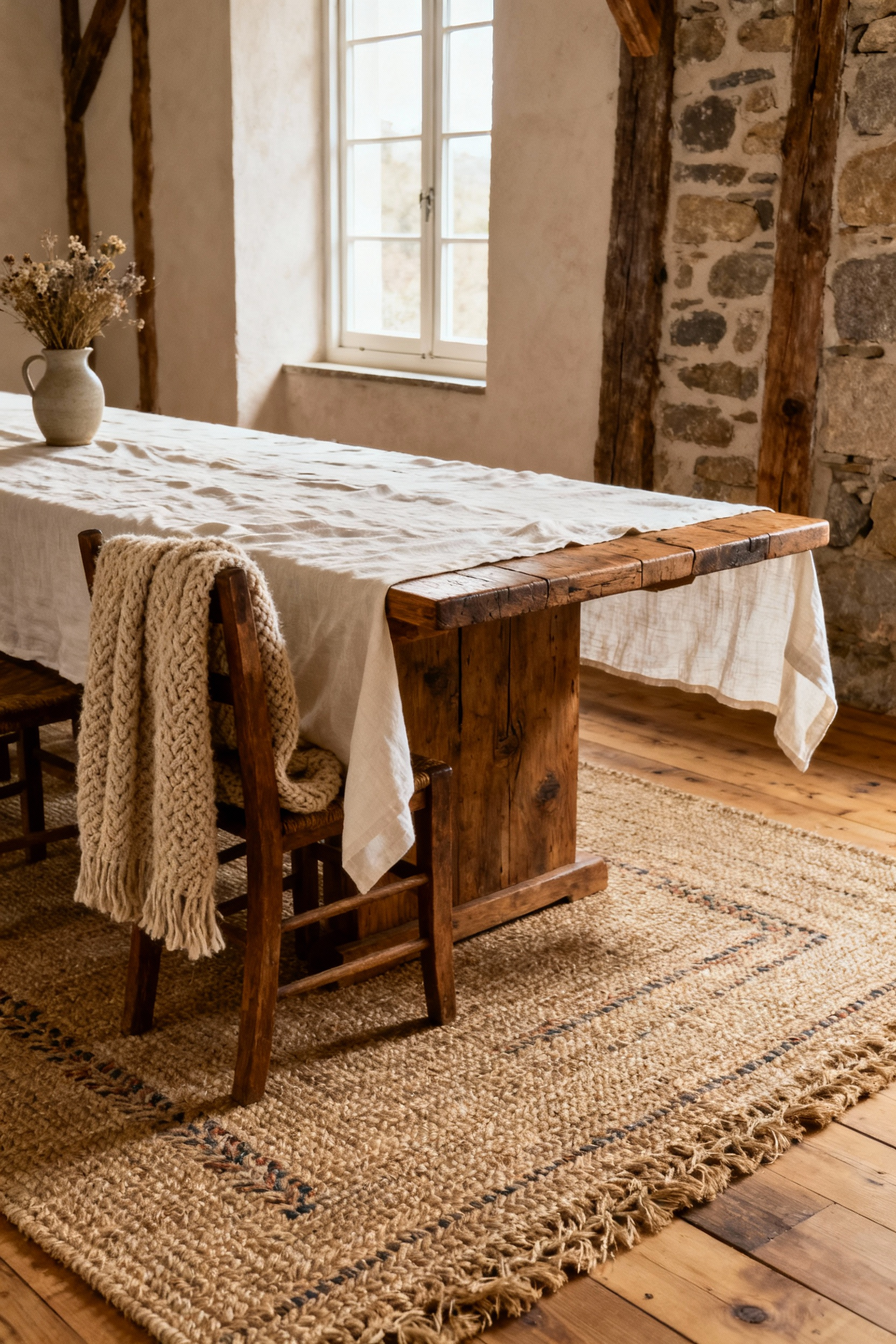 Rustic dining room with a creamy linen tablecloth, a soft wool throw over a wooden chair, and a woven jute area rug, showcasing natural fiber textures.