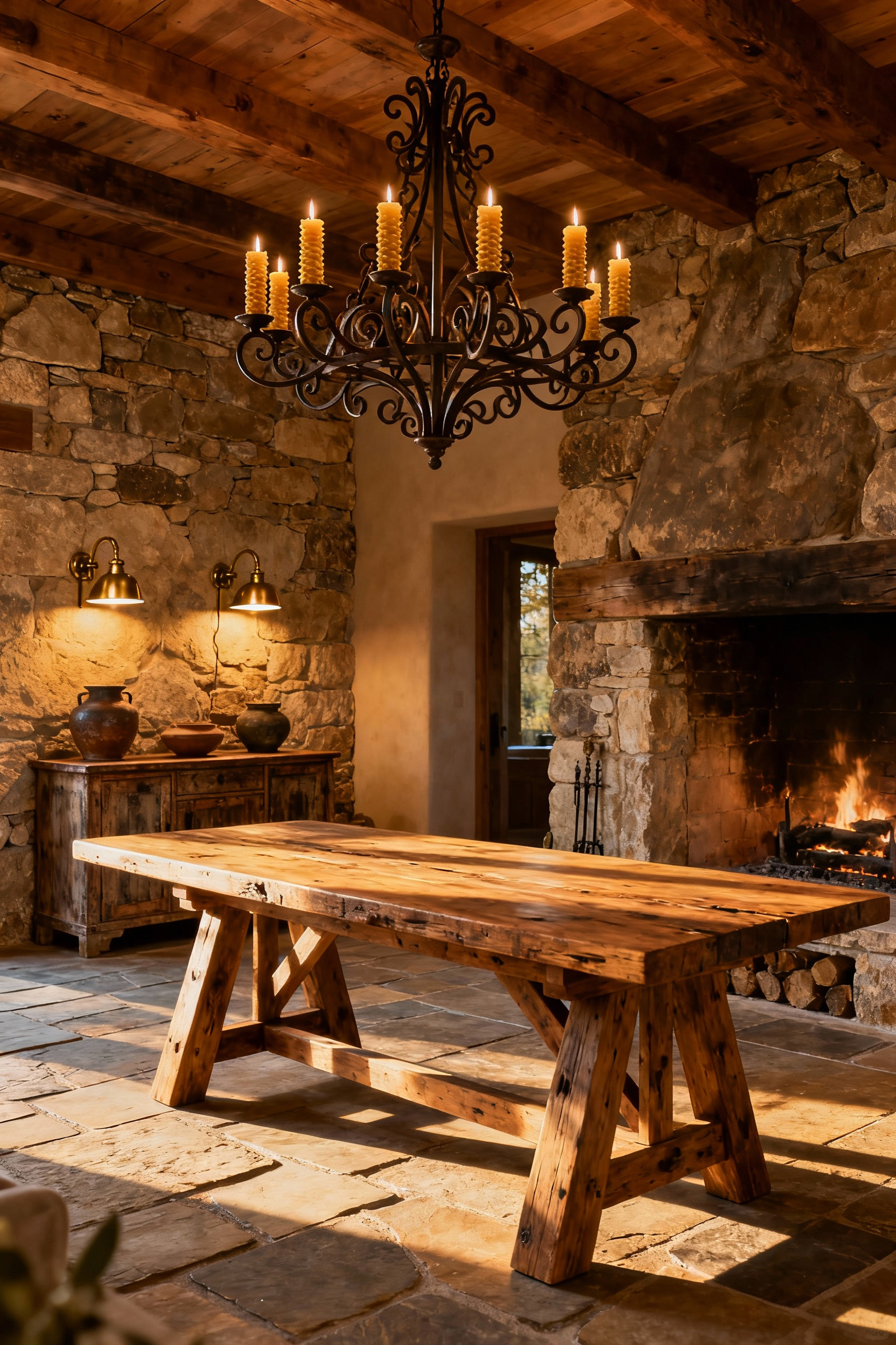 A rustic dining room at twilight, illuminated by a large wrought-iron statement chandelier over a wooden trestle table and warm brass task sconces mounted on a stone wall, showcasing layered lighting and natural textures. No people present.