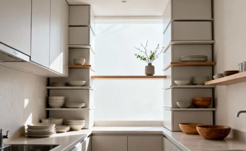 A modern small kitchen featuring sleek vertical storage stacks, combining closed cabinets and open shelves neatly displaying dishes and a small plant, designed to maximize space and create a calm aesthetic under bright natural light.