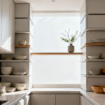 A modern small kitchen featuring sleek vertical storage stacks, combining closed cabinets and open shelves neatly displaying dishes and a small plant, designed to maximize space and create a calm aesthetic under bright natural light.