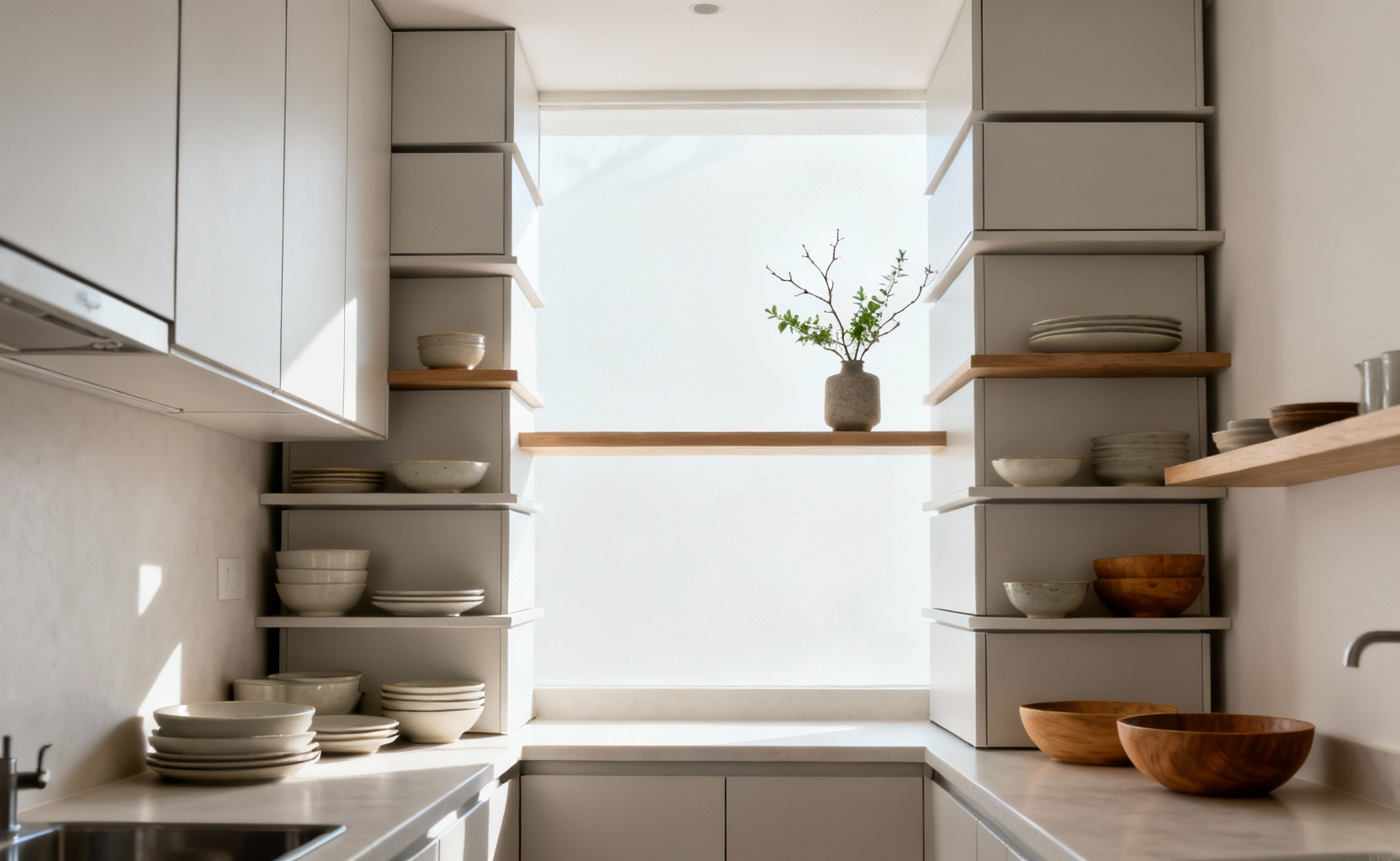 A modern small kitchen featuring sleek vertical storage stacks, combining closed cabinets and open shelves neatly displaying dishes and a small plant, designed to maximize space and create a calm aesthetic under bright natural light.