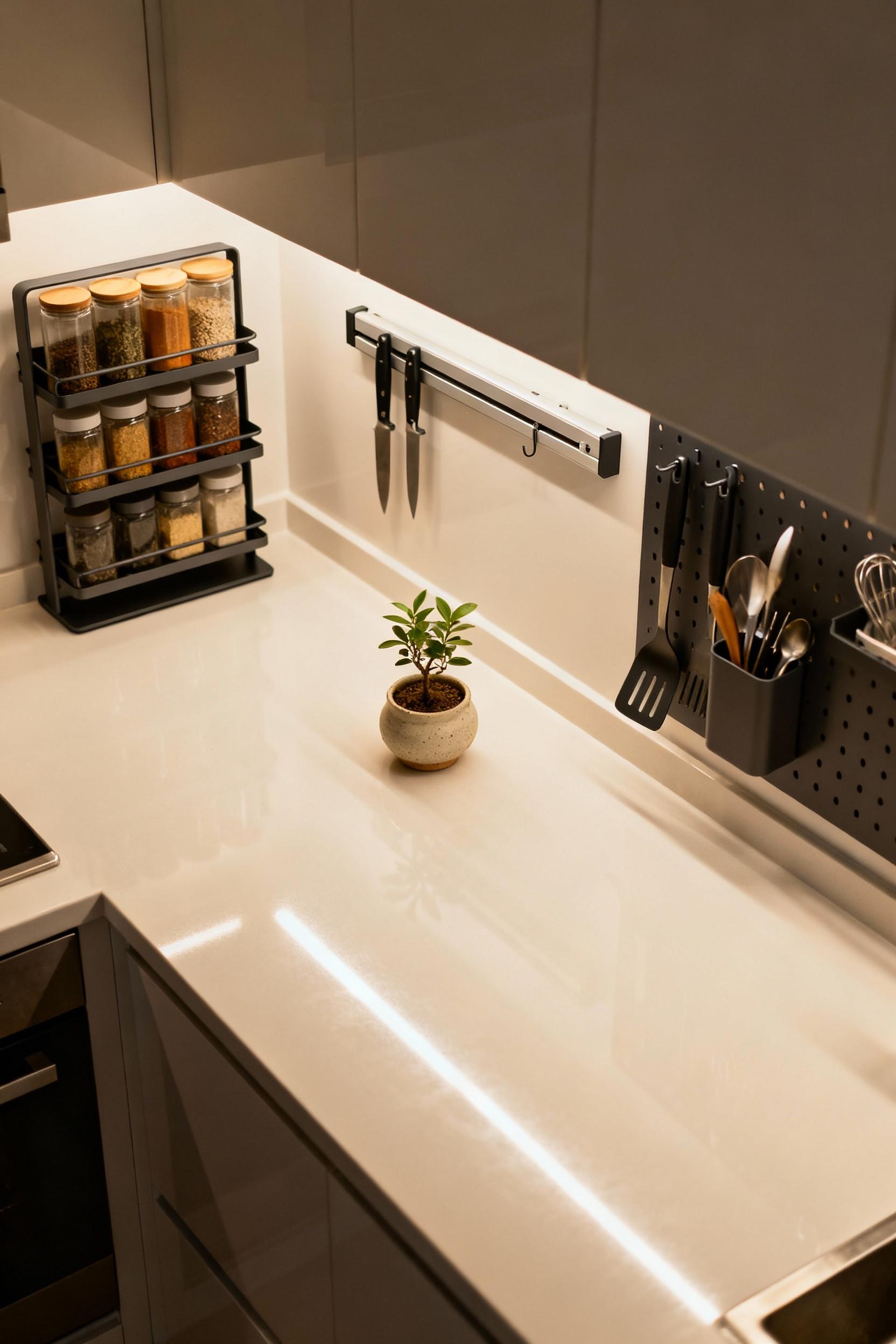 Meticulously decluttered small kitchen countertop with vertical storage, showcasing an organized and visually serene cooking space.