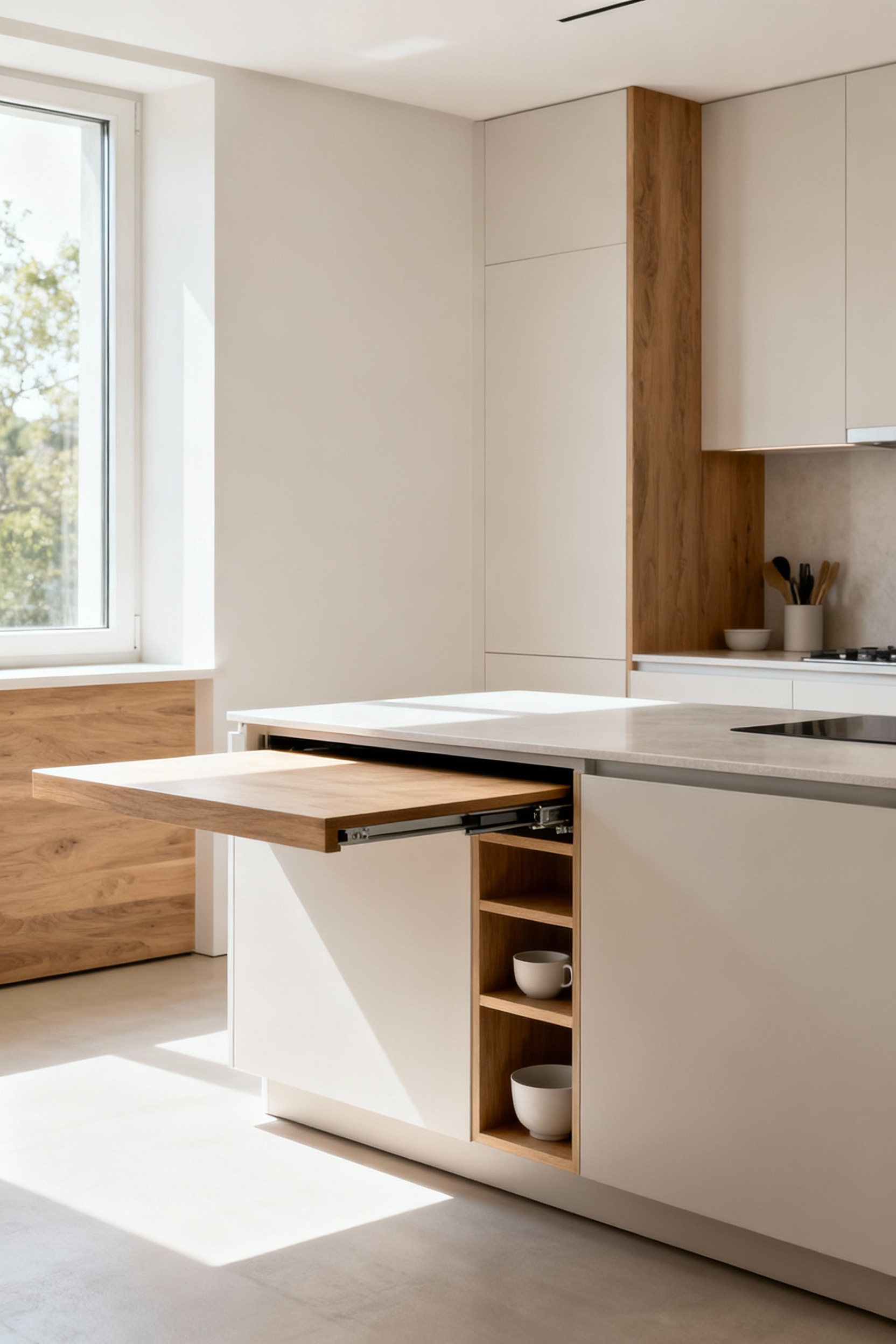 A sleek, modern small kitchen featuring an extendable multifunctional island and integrated storage, showcasing how versatile furnishings optimize space and enhance utility. Bright and airy design.