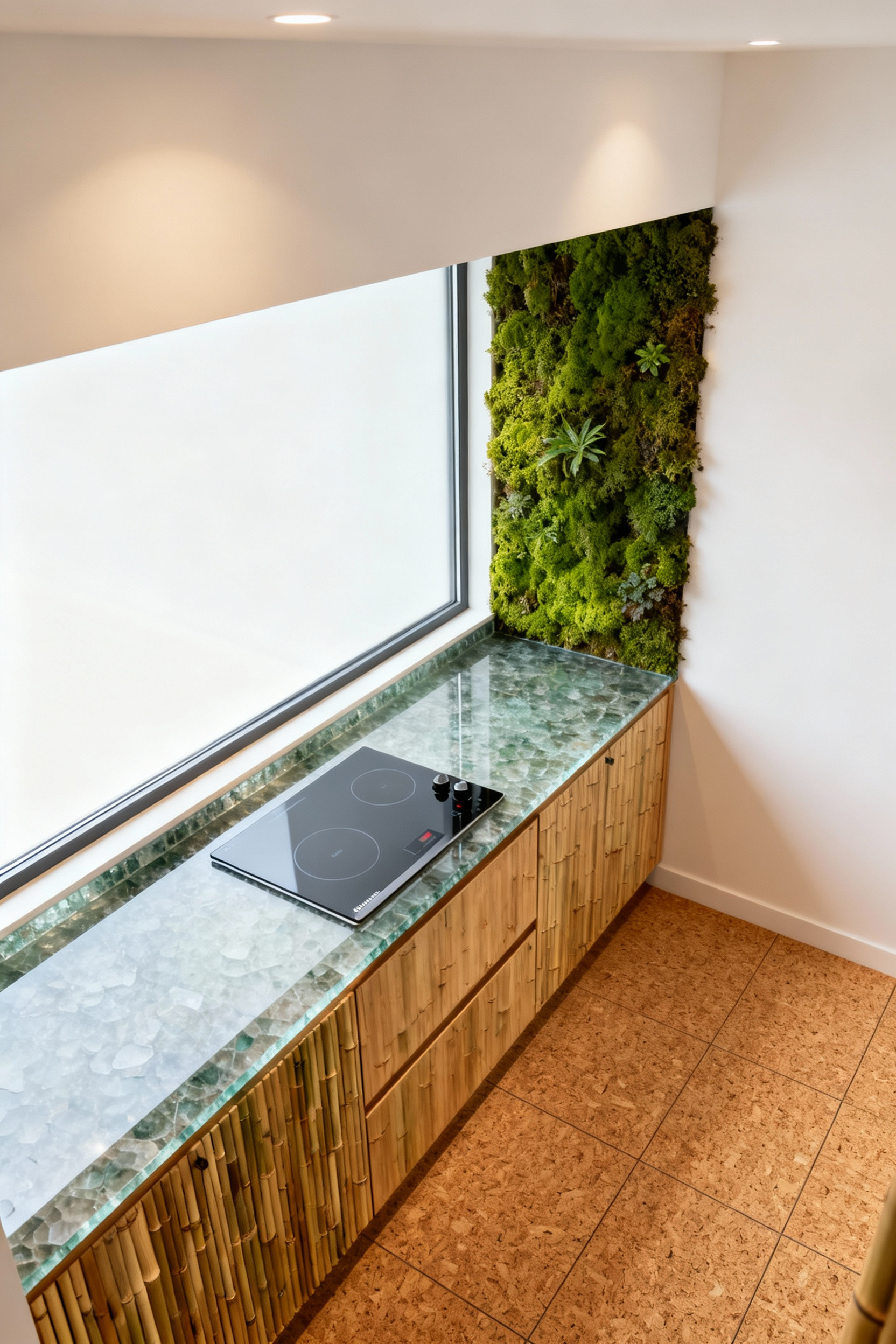 Small kitchen interior with sustainably sourced bamboo cabinetry, recycled glass countertop, compact induction cooktop, a vertical living moss wall, natural cork flooring, and ample natural light, showcasing sustainable design principles.