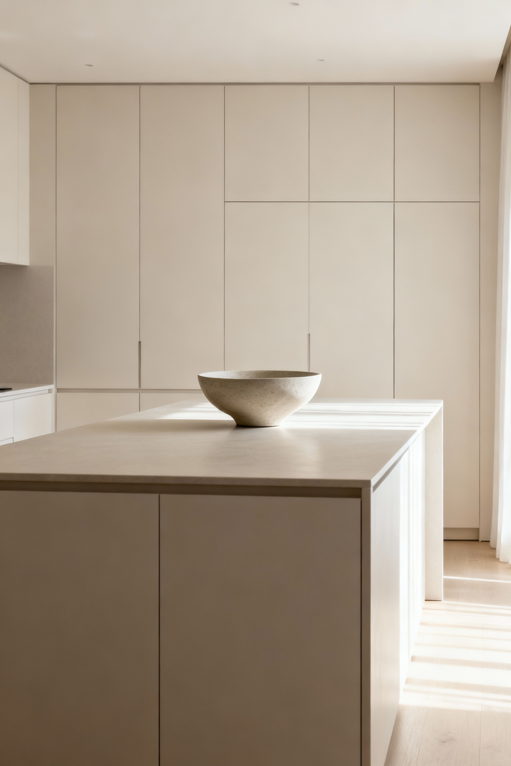 Minimalist small kitchen with light cabinets and a clear countertop featuring a single ceramic bowl, emphasizing intentional empty space.