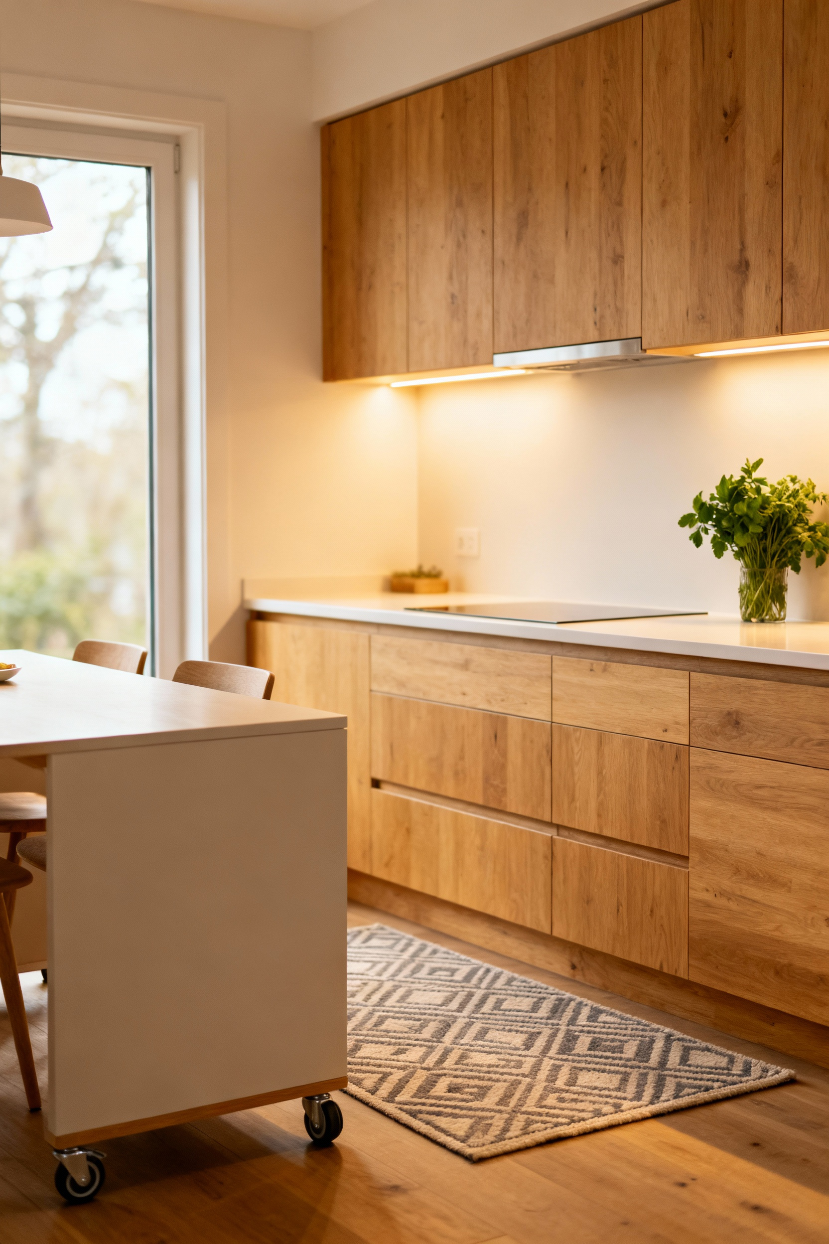 A small, modern kitchen organized into cohesive zones. A rug subtly defines the prep area, a rolling island serves multiple functions, and task lighting enhances functionality, creating an effortless flow in a compact space.