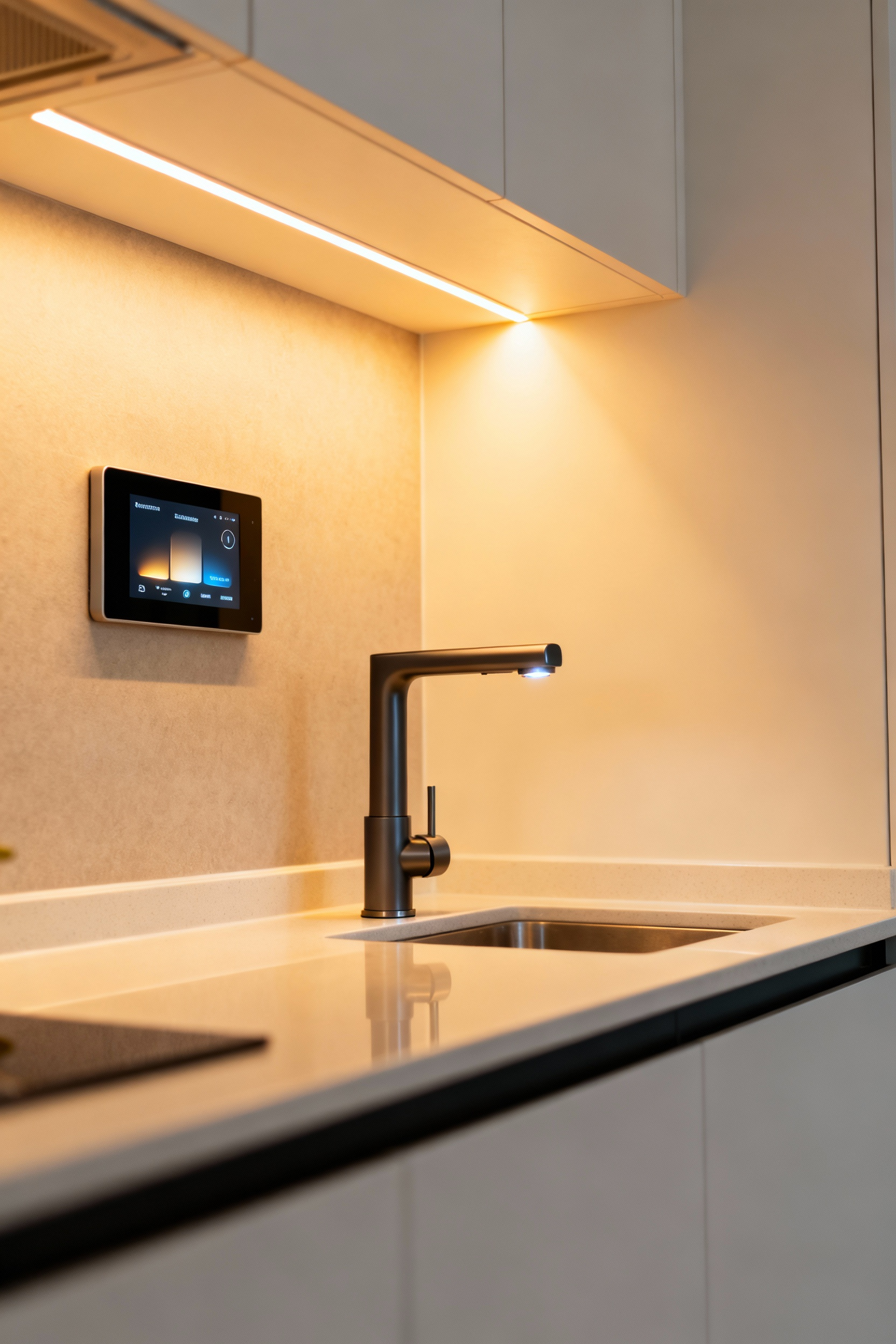 A modern small kitchen with under-cabinet smart lighting, a sleek smart faucet, and a flush-mounted smart display, illustrating seamless smart technology integration for efficient, automated operations.