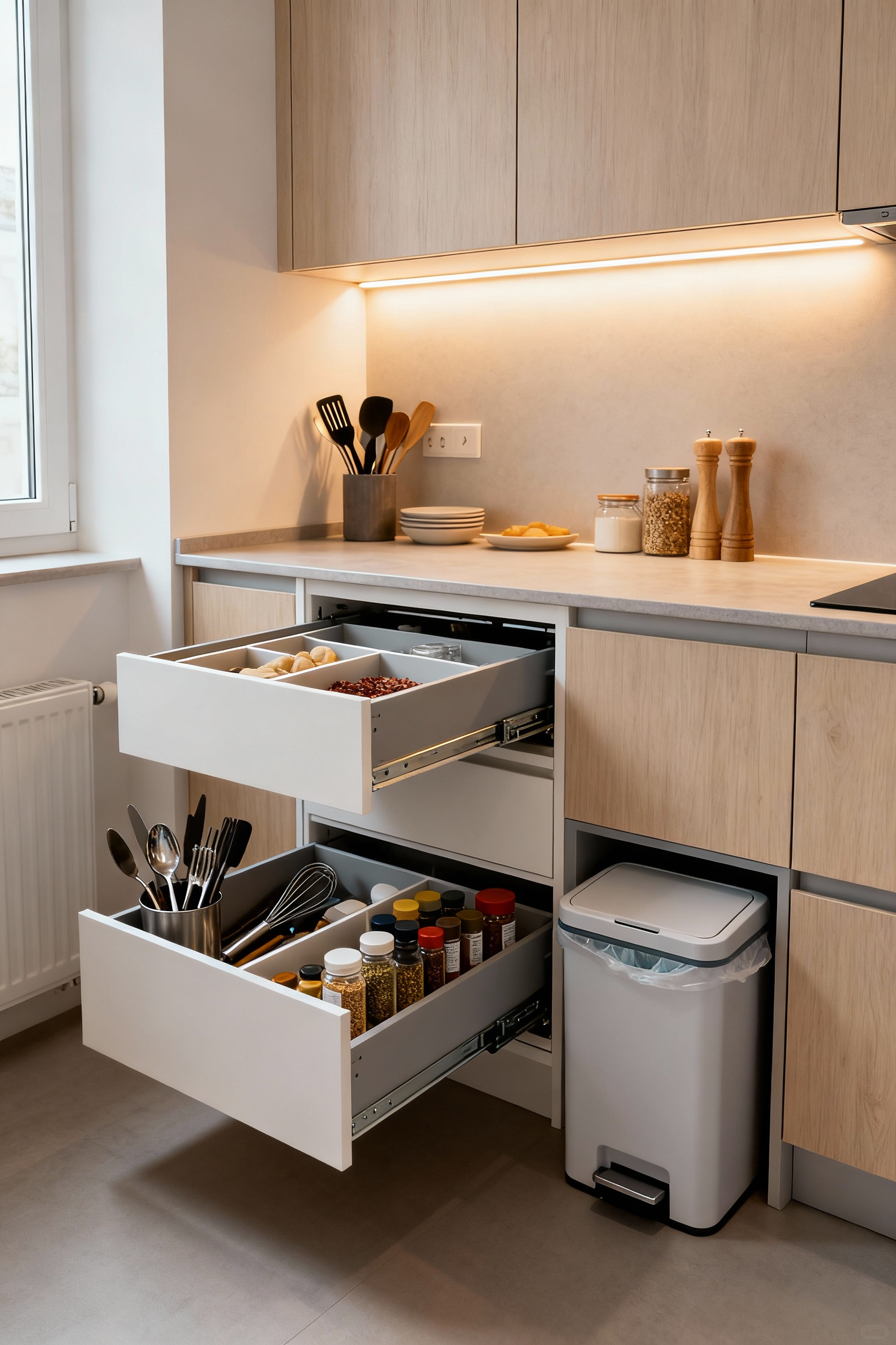 Small kitchen with modern custom cabinetry featuring integrated intelligent organization systems like pull-out drawers, interior dividers, and unobtrusive LED lighting.