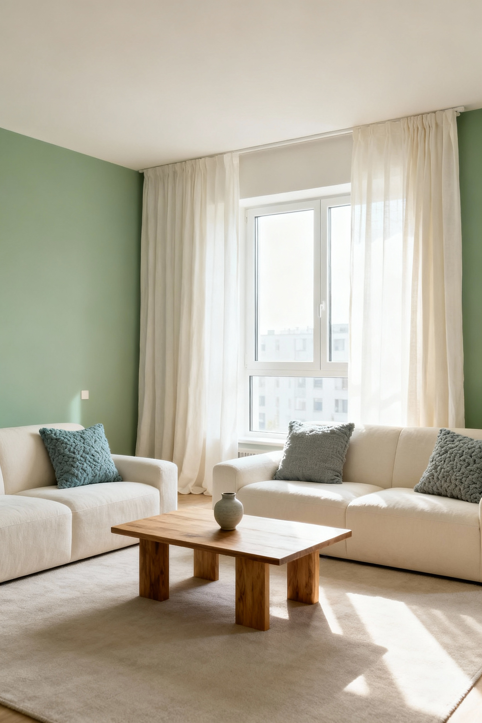 Apartment living room with a serene calming color palette, featuring sage green walls, cream seating, and natural light.