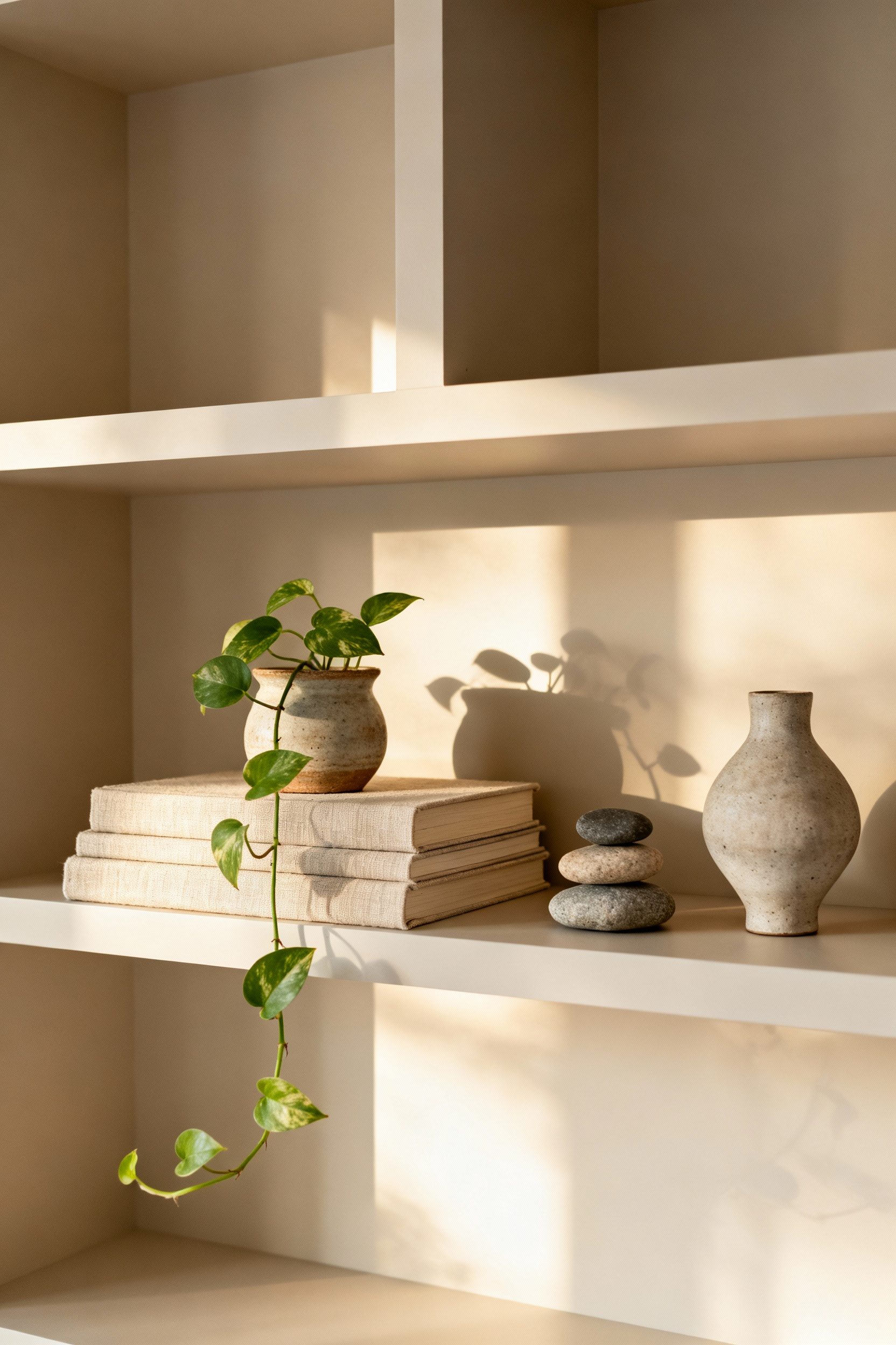 Mindfully styled apartment shelves with Pothos plant, ceramic pottery, and natural elements, promoting joy and visual interest.