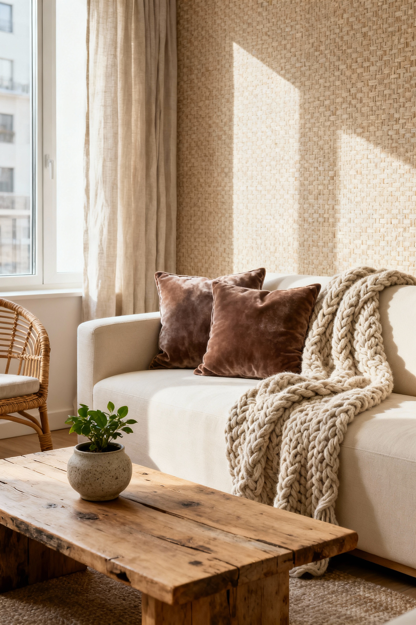 Cozy apartment living room with various tactile textures including a chunky knit throw, velvet cushions, linen drapes, reclaimed wood table, textured ceramic planter, and woven rattan chair, highlighting sensory comfort and depth.