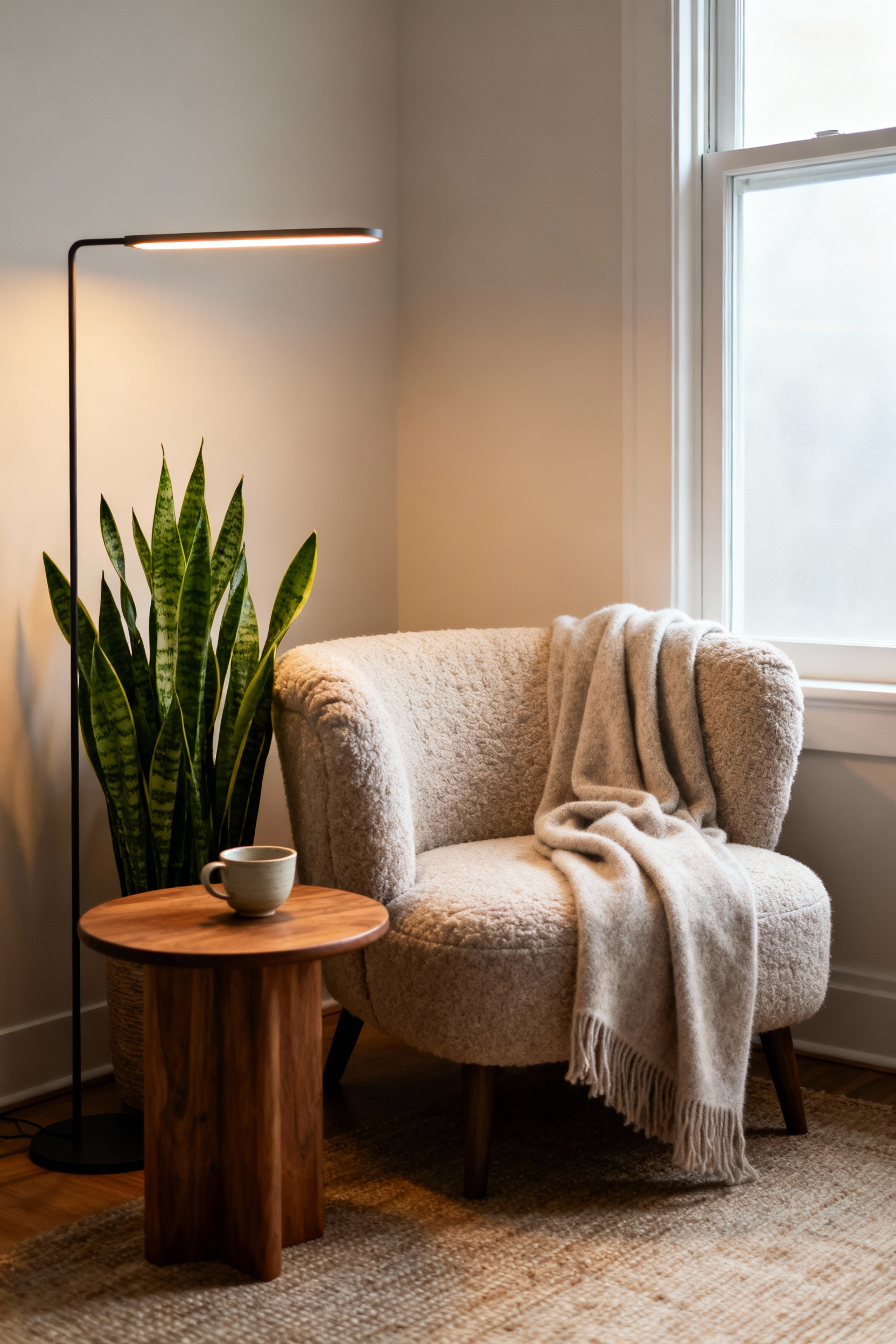 A serene apartment corner transformed into a self-reflection sanctuary with a cozy armchair, soft lighting, and calming green plants.