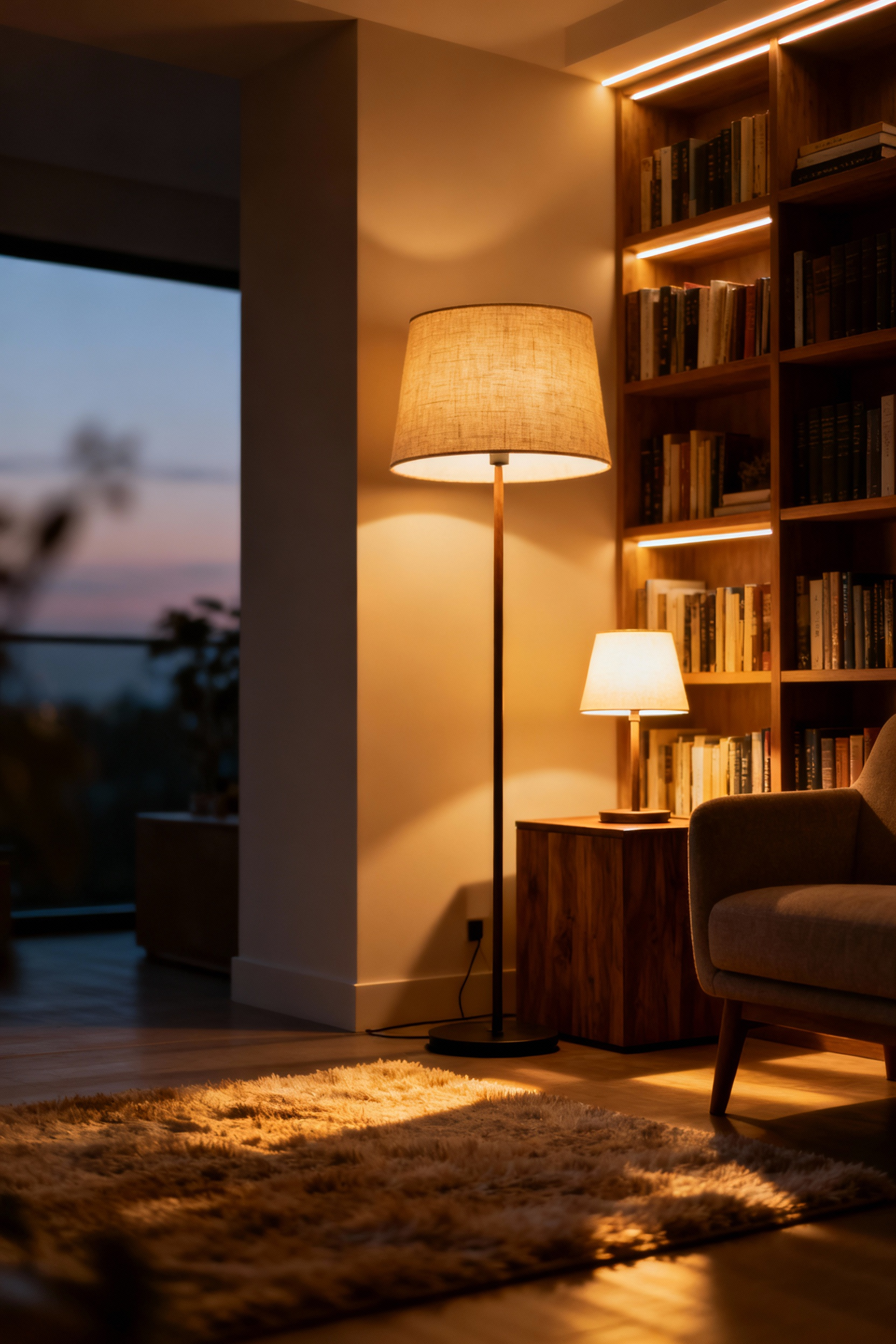 An inviting apartment living room showcasing layered lighting with soft, warm illumination from a floor lamp, a table lamp, and recessed accent lights, creating a cozy and serene ambiance. No people.