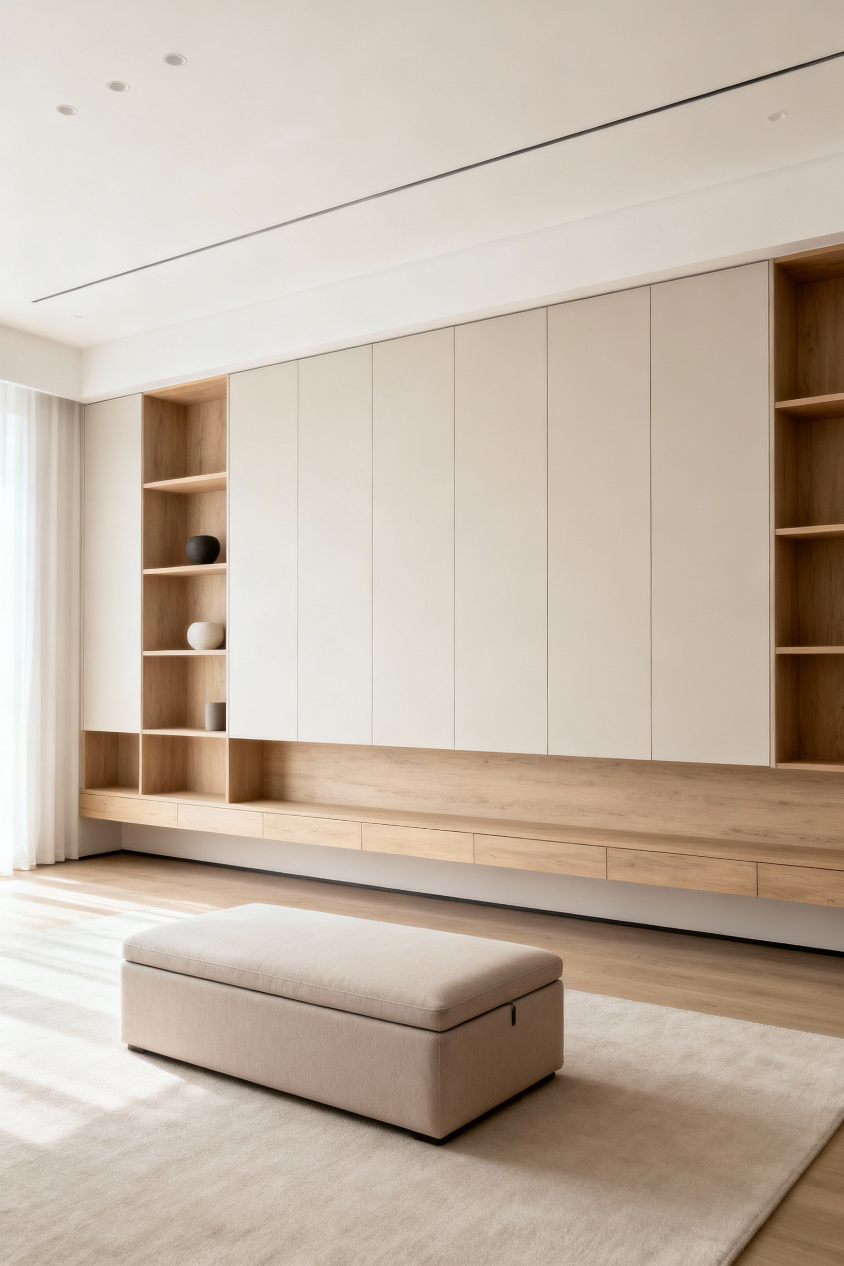 A minimalist apartment living room with integrated smart storage solutions, featuring wall-mounted cabinets, floor-to-ceiling shelves, and a storage ottoman, creating a serene and decluttered environment.