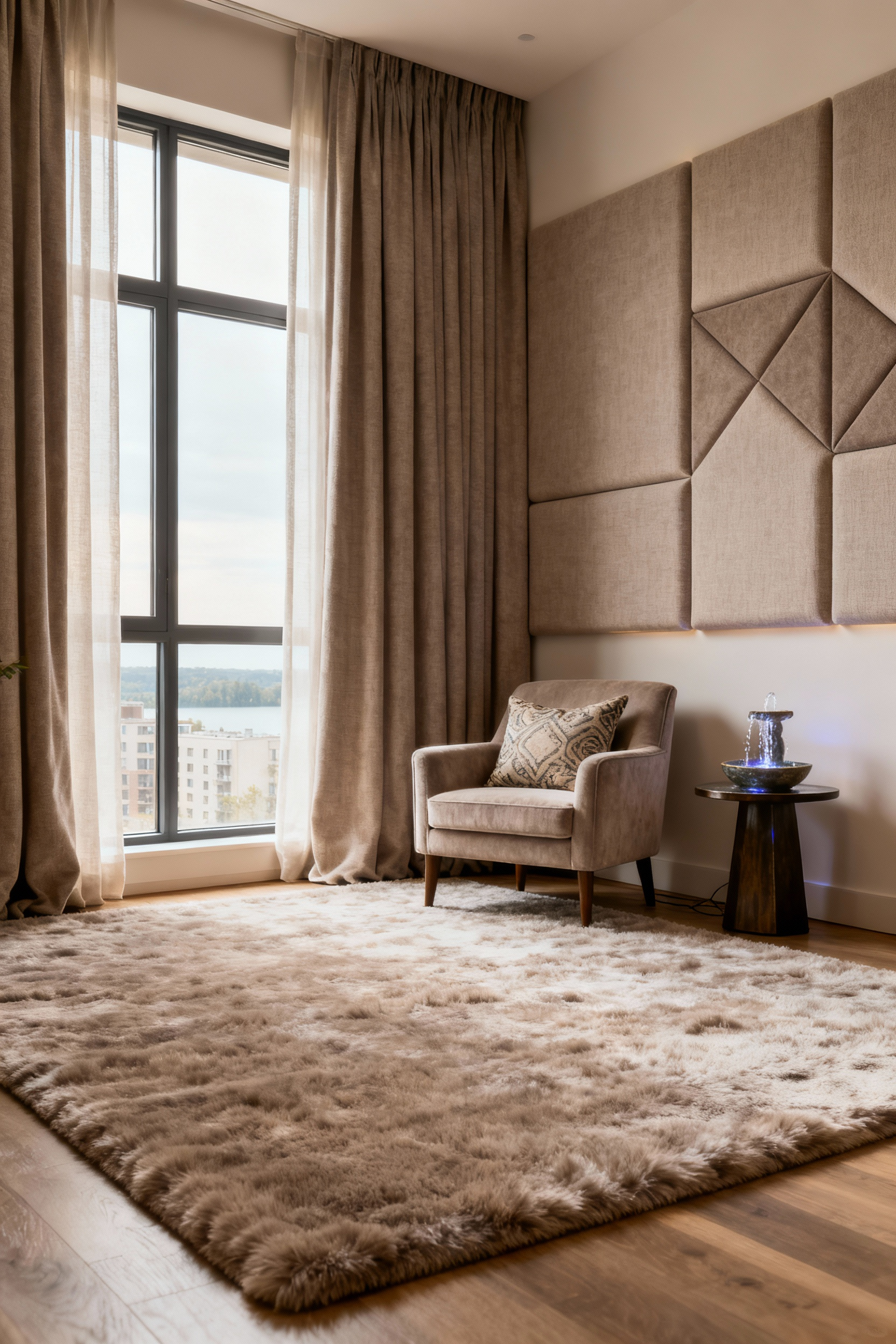 A professional photo of a serene apartment living room featuring an acoustic retreat. The room has a thick area rug, heavy floor-to-ceiling drapes, upholstered furniture, and subtle fabric-covered acoustic wall panels. A small tabletop water feature adds ambient sound. Soft natural light creates a peaceful atmosphere.
