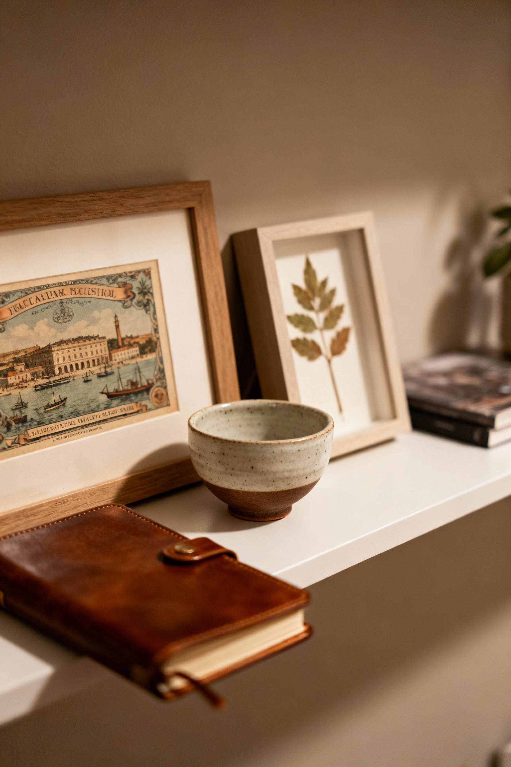 Close-up of a stylish apartment shelf display featuring various meaningful items like a vintage postcard, ceramic bowl, pressed flowers, and a journal, arranged to tell a personal story.