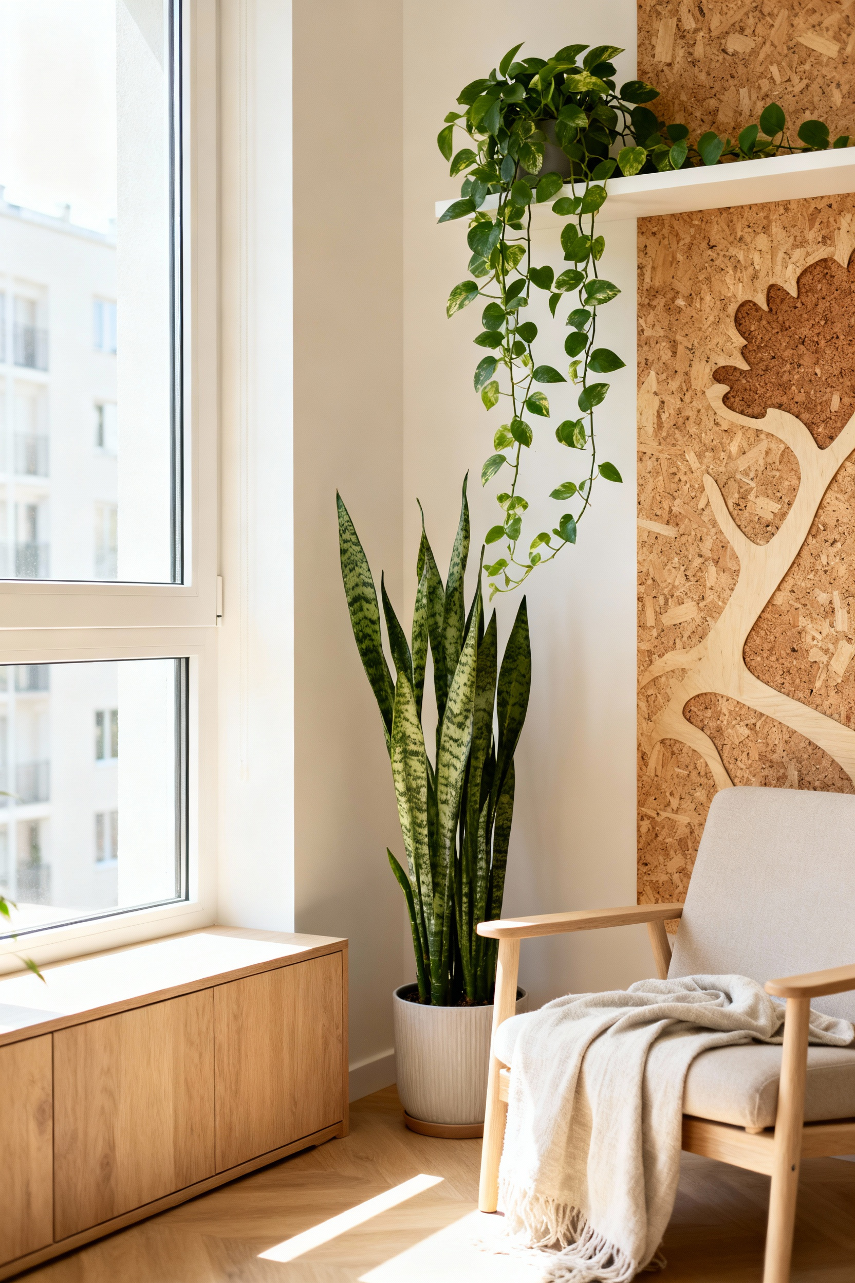 Biophilic apartment interior with lush green plants like snake plant and pothos, natural light from a window, wood furniture, and cork paneling, promoting indoor harmony.