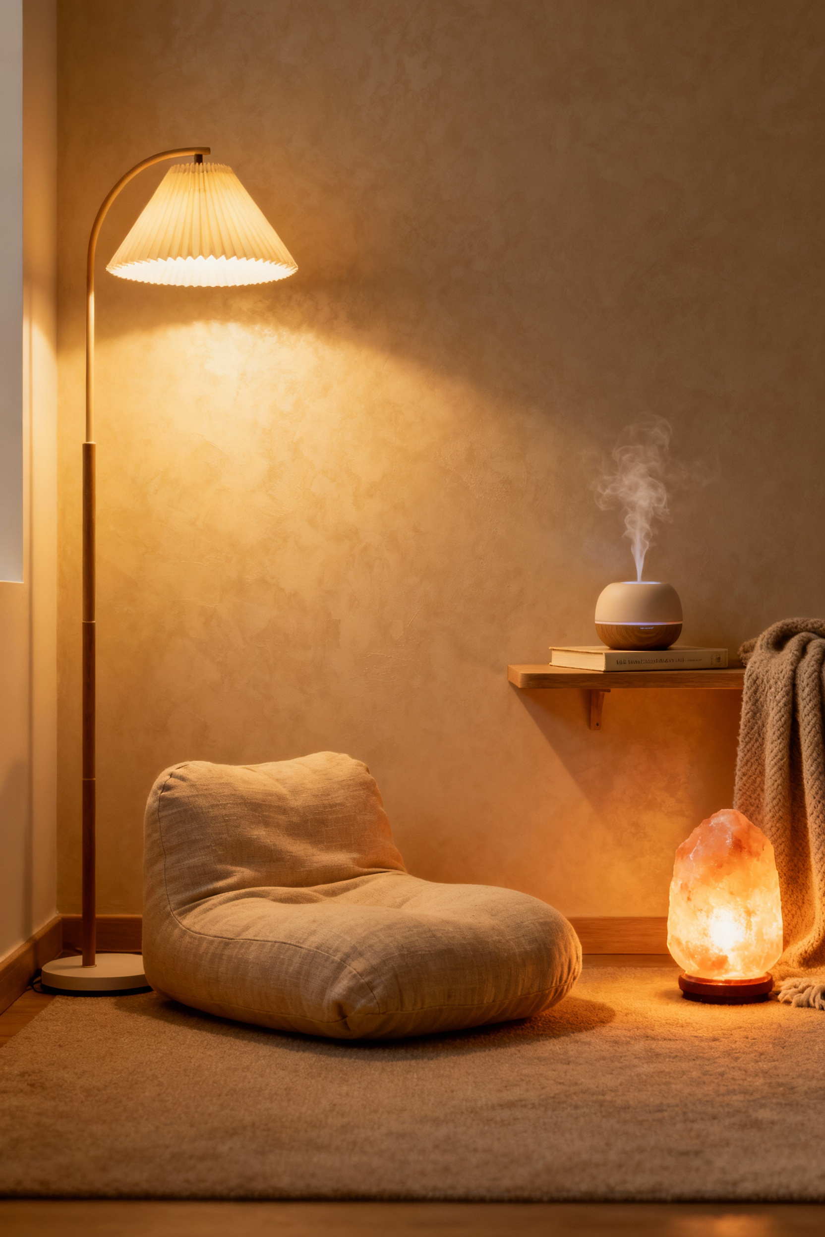 A serene apartment bedroom corner featuring a plush floor cushion, wooden shelf with a book and diffuser, and warm, dimmable lighting, creating a tech-free wind-down zone for sleep.