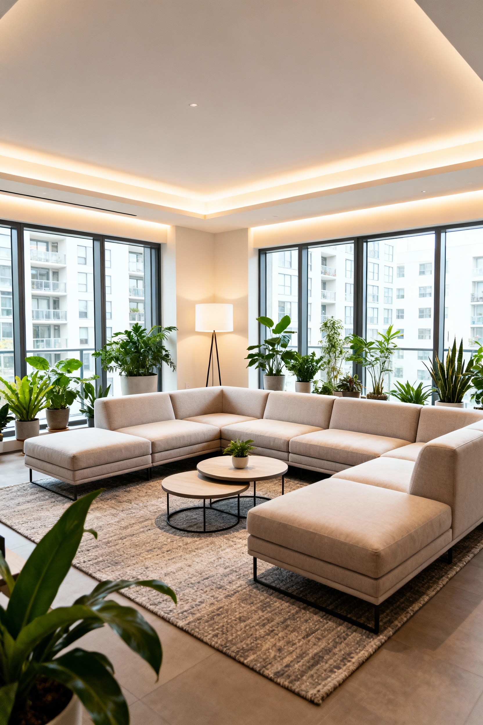 A stylish, adaptable modern apartment living room designed for community connection, featuring a modular sofa, nesting tables, warm lighting, and potted plants.
