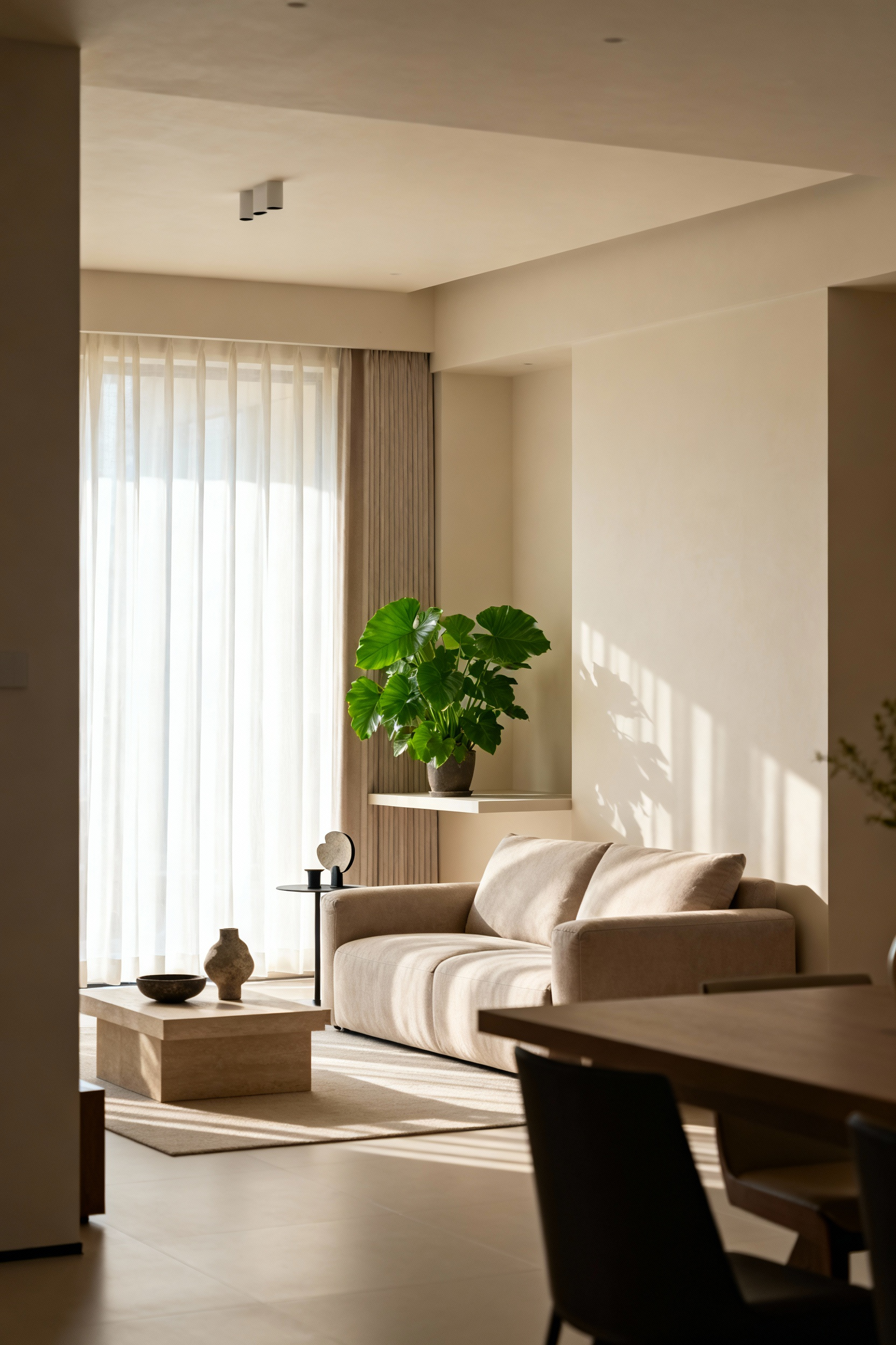 Apartment interior designed with Feng Shui principles, showing clear pathways, natural light, and a living plant for harmonious energy flow.
