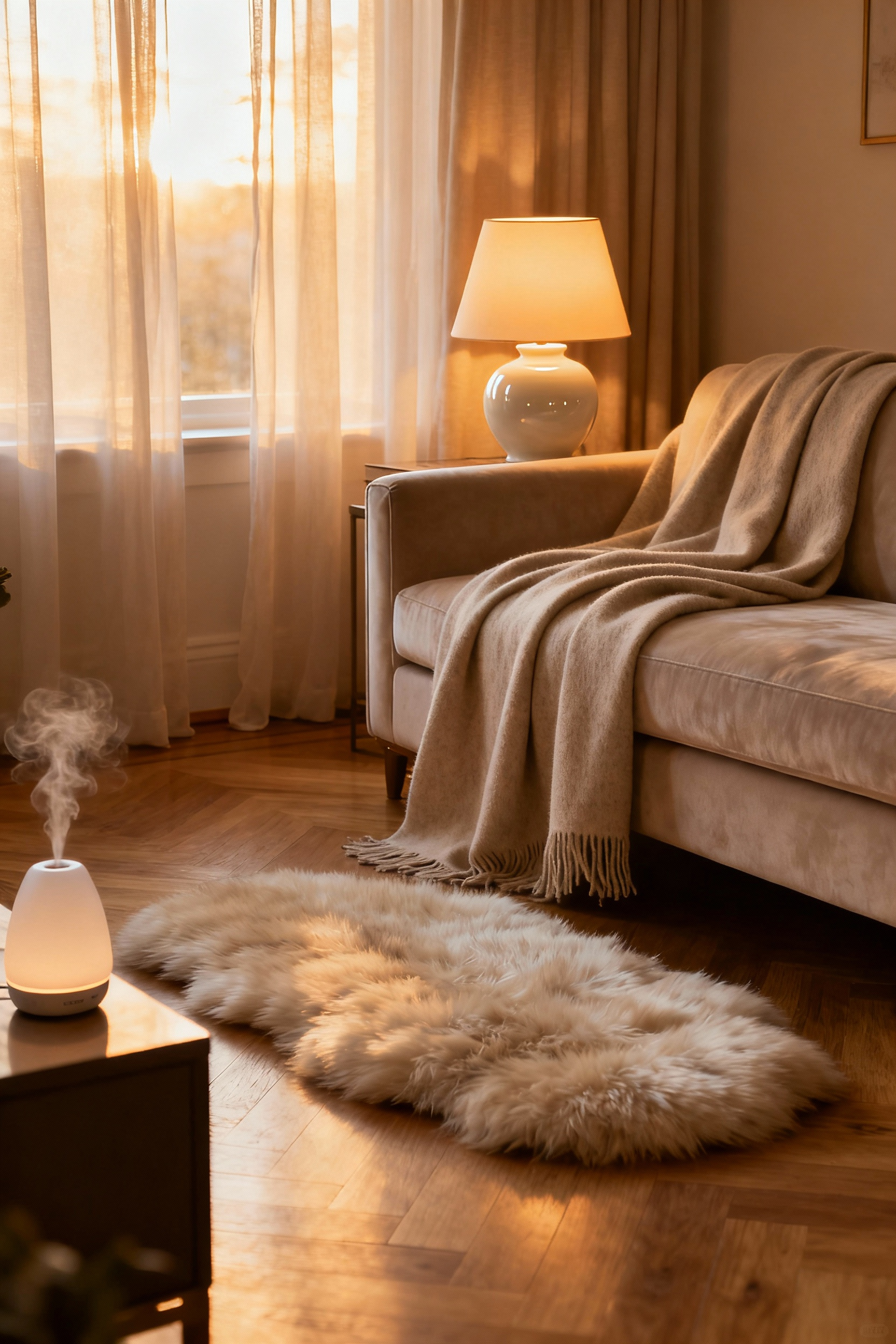 A pristine cozy living room with a perfectly fluffed rug, a clean, glowing lamp, and a luxurious cashmere throw, emphasizing meticulous maintenance.