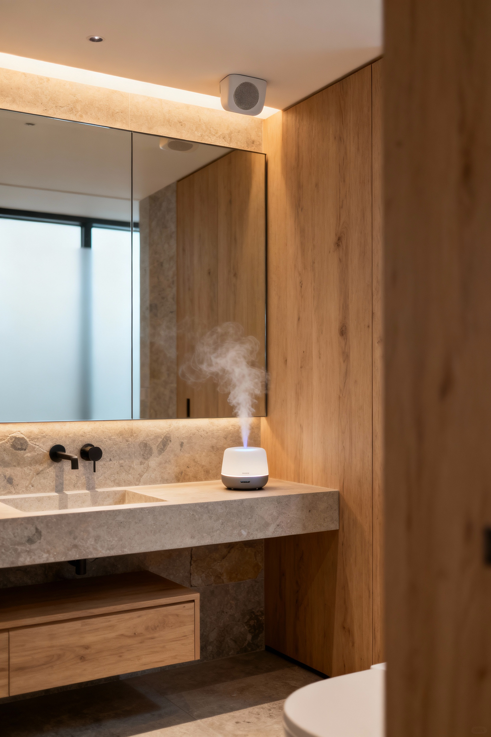 Modern bathroom interior featuring a minimalist design, with an integrated essential oil diffuser and hidden speakers for a personalized sensory retreat experience. Soft lighting and natural textures enhance the tranquil atmosphere.