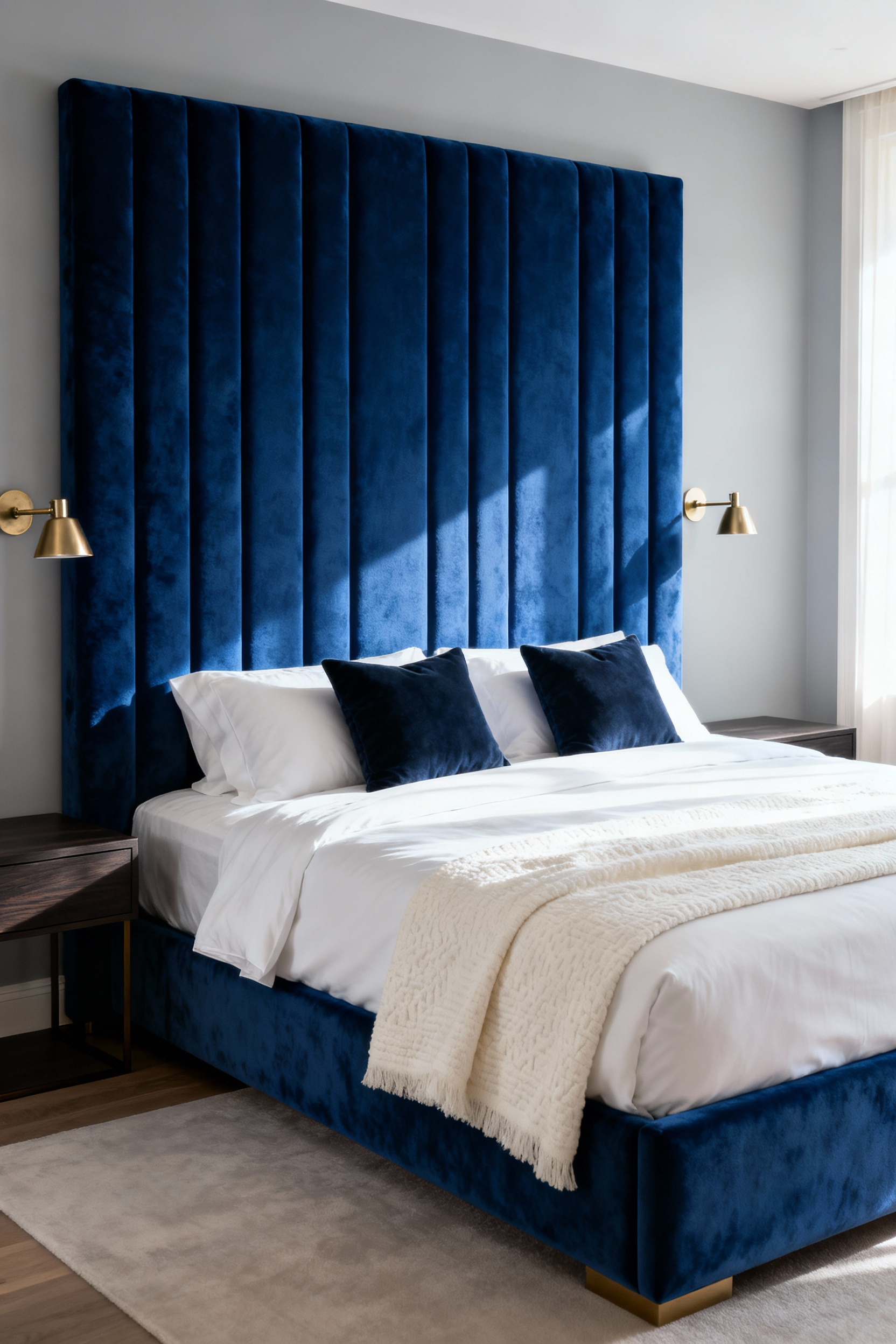 Oversized, plush royal blue velvet channel-tufted headboard dominating a luxurious, tranquil bedroom with crisp white linen bedding and brass reading lamps, highlighting a modern blue bedroom design idea.